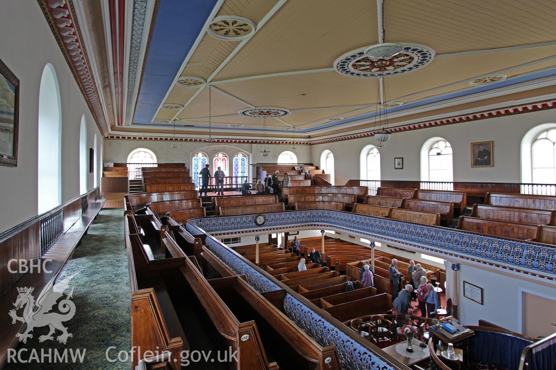 Interior view of chapel from first floor balcony. Photographic survey of Seion Welsh Baptist Chapel, Morriston, conducted by Sue Fielding on 13th May 2017.
