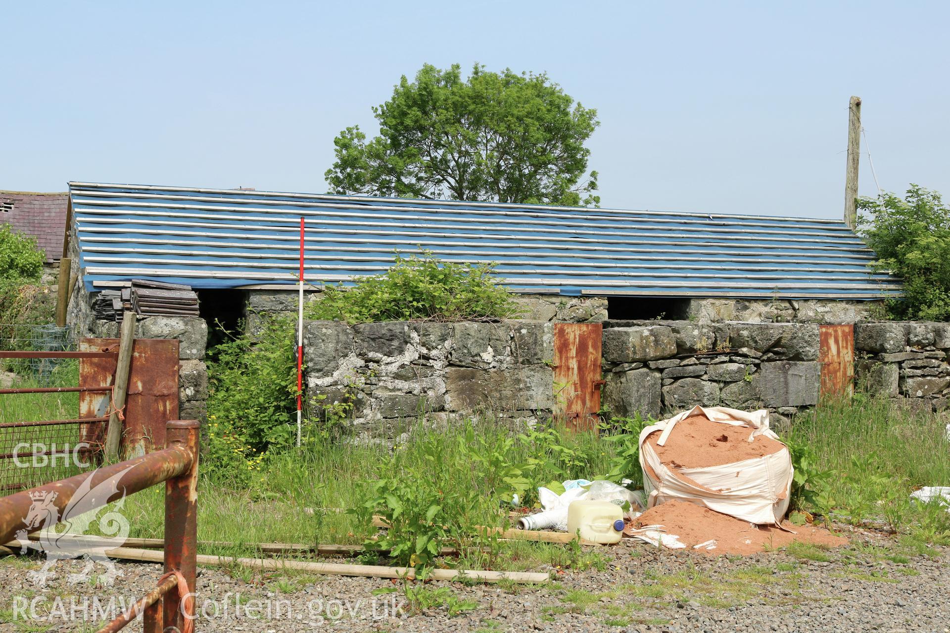 Photograph showing exterior view of pigsties, at Maes yr Hendre, taken by Dr Marian Gwyn, 6th July 2016. (Original Reference no. 0208)