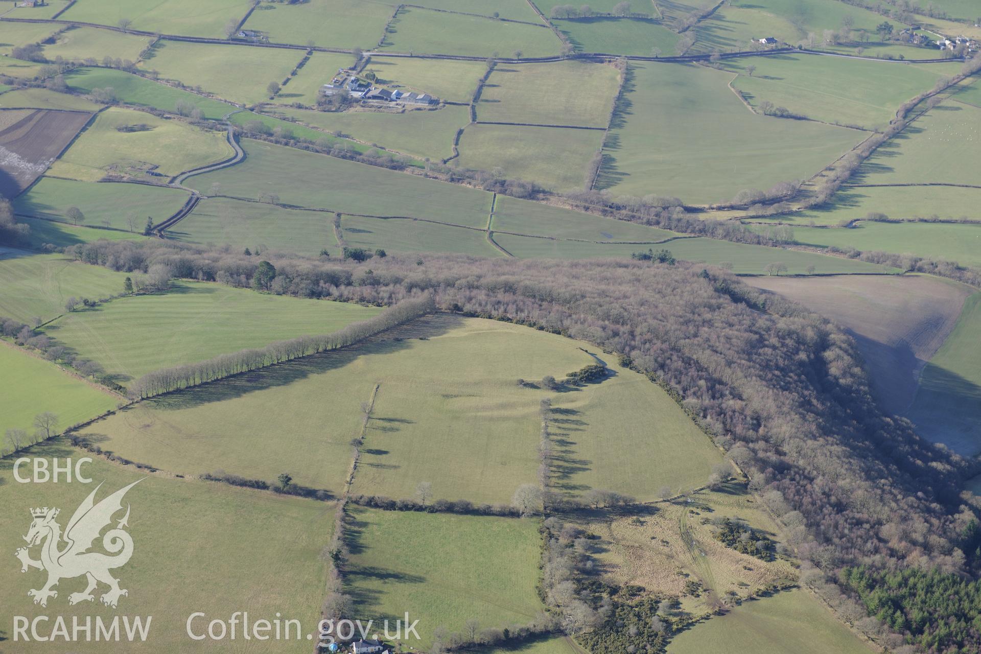 Castell Allt-goch hillfort, north east of Lampeter. Oblique aerial photograph taken during the Royal Commission's programme of archaeological aerial reconnaissance by Toby Driver on 4th February 2015.