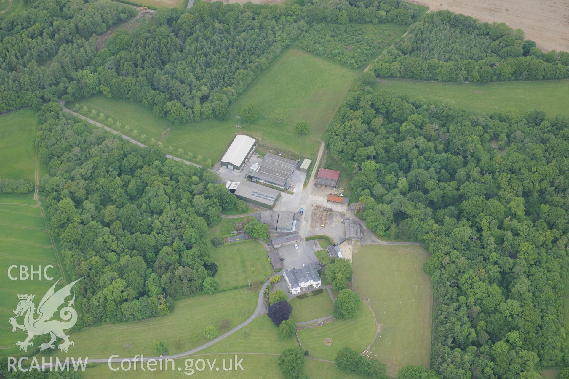 Hafod-Neddyn house and garden near Llandeilo. Oblique aerial photograph taken during the Royal Commission's programme of archaeological aerial reconnaissance by Toby Driver on 11th June 2015.