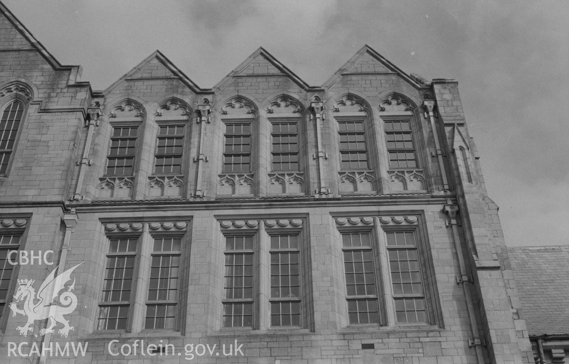 Digital copy of a black and white negative showing detail of windows in the north west facing side of the Old College, on Aberystwyth promenade. Photographed by Arthur O. Chater on 15th August 1967 from Grid Reference SN 581 817.