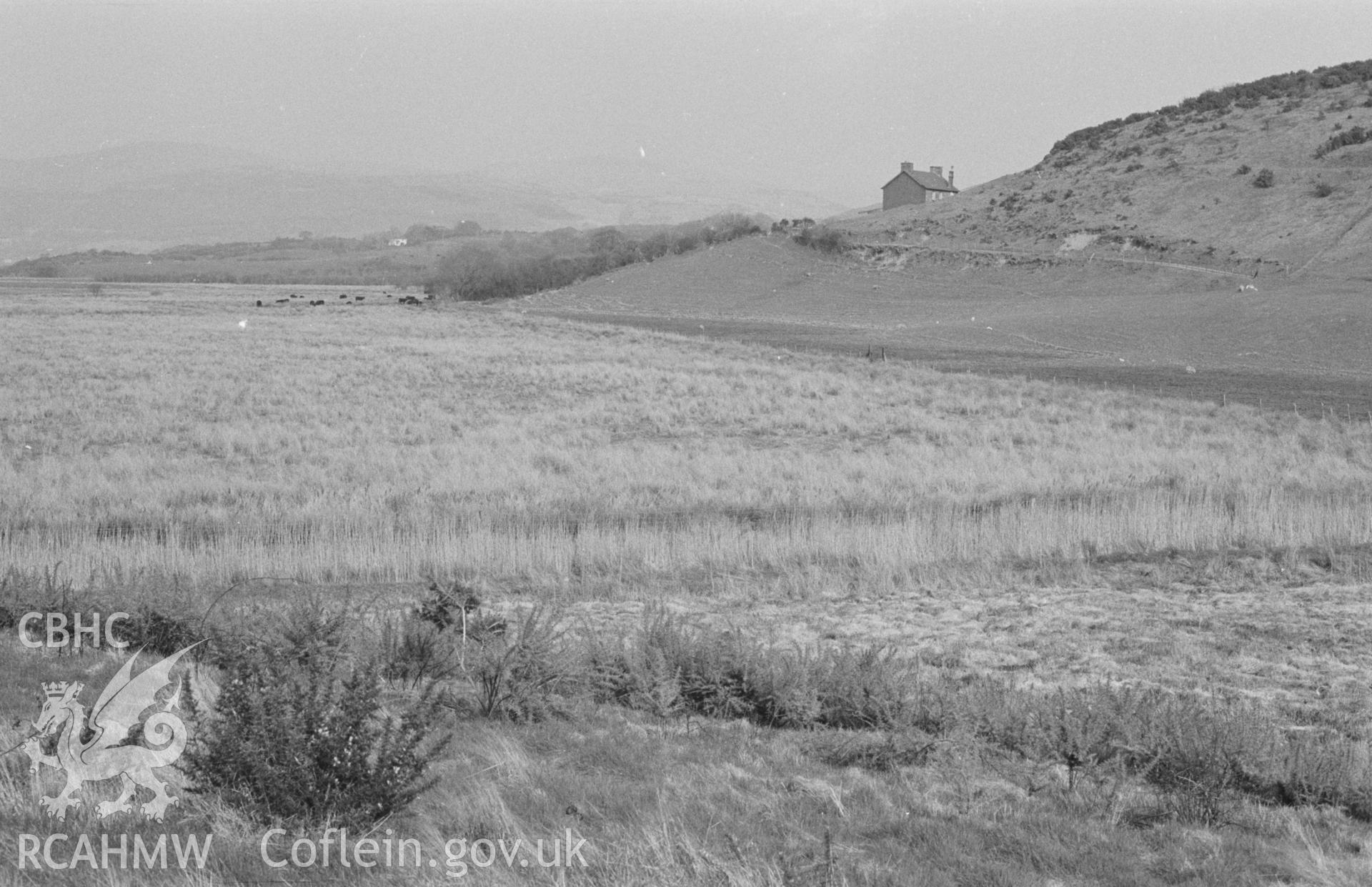 Digital copy of a black and white negative showing Pant-y-Dwn from the Uppingham School seat on the small hillock on footpath across the bog to the church. Photographed by Arthur O. Chater on 10th April 1968, looking east from Grid Reference SN 621 896.
