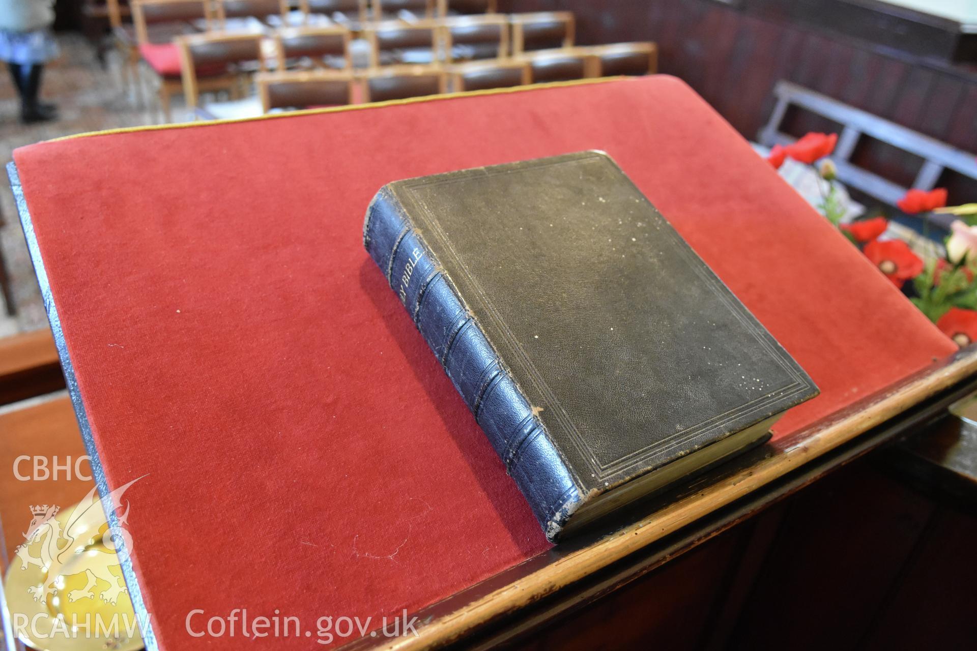 Detailed view of older, leather-bound bible on the pulpit at Hyssington Primitive Methodist Chapel, Hyssington, Churchstoke. Photographic survey conducted by Sue Fielding on 7th December 2018.