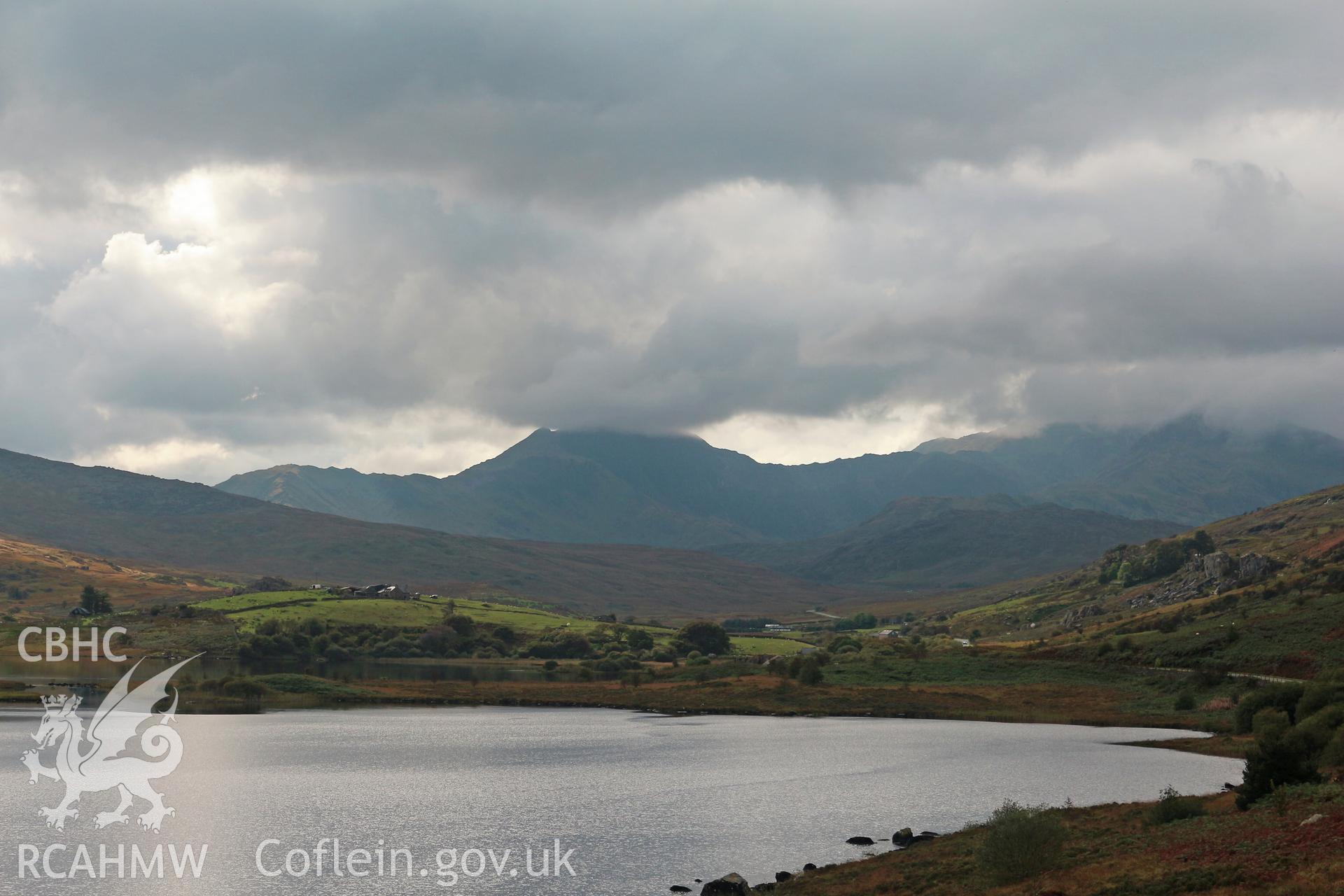 Llynnau Mymbyr looking west with Yr Lliwedd far background and Crib Goch and Snowdon in right background