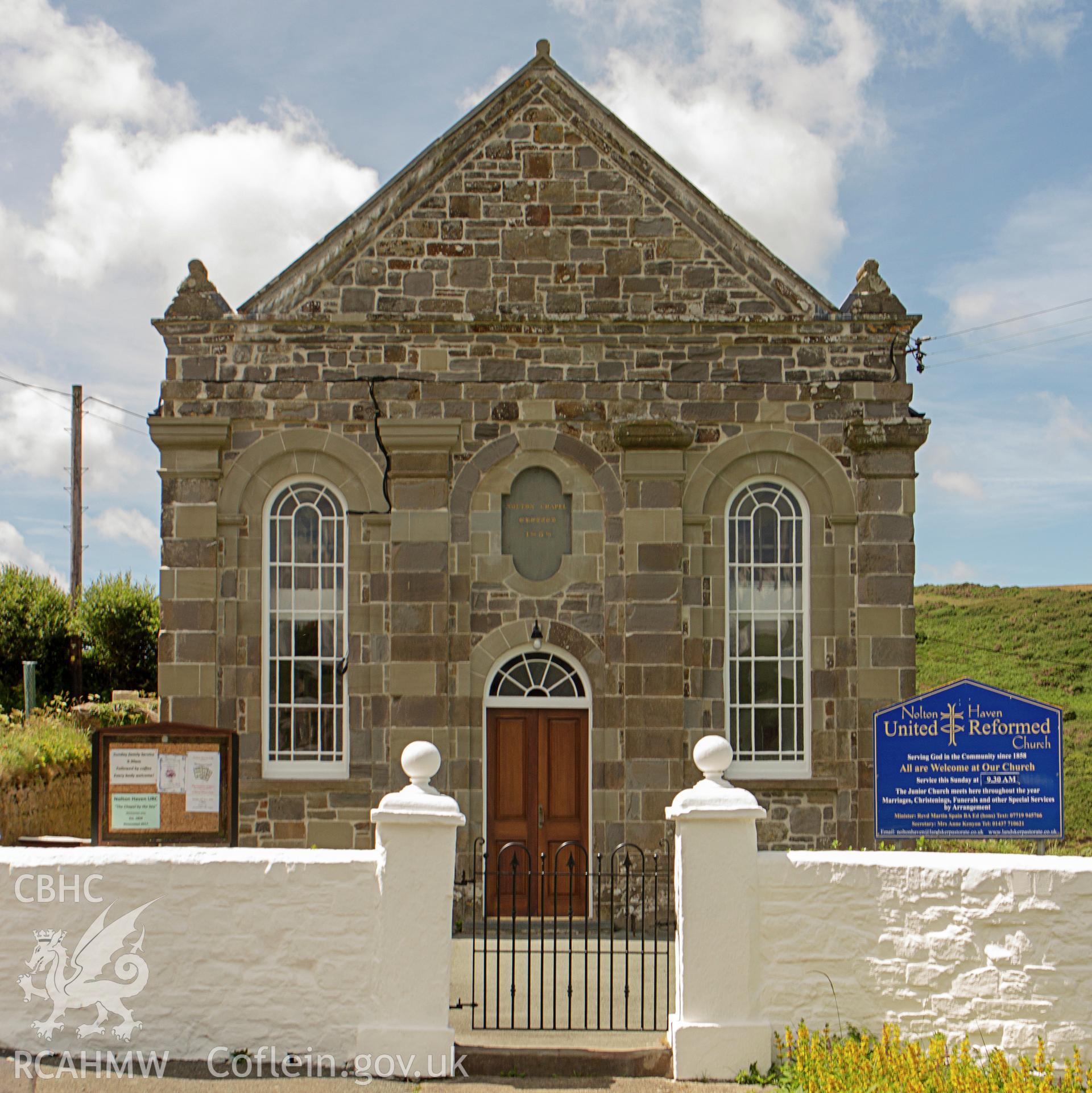 Colour photograph showing front elevation and entrance of Nolton Haven Congregational Chapel (later United Reform Church), Nolton Haven, Nolton. Photographed by Richard Barrett on 21st June 2018.