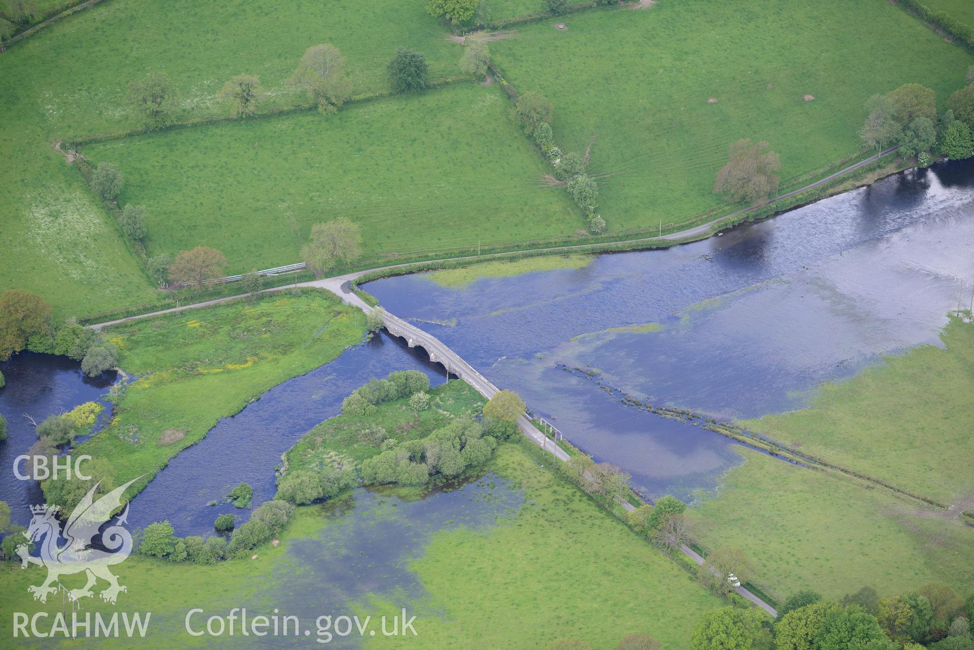 Flooding near Pont Gogoyan, Llanddewi Brefi. Oblique aerial photograph taken during the Royal Commission's programme of archaeological aerial reconnaissance by Toby Driver on 3rd June 2015.