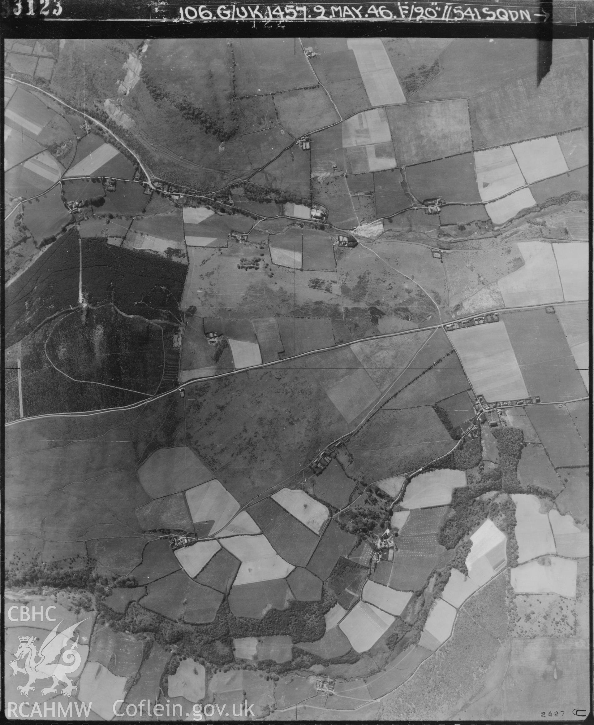 Black and white vertical aerial photograph taken by the RAF on 02/05/1946 centred on SN67568423 at a scale of 1:10000. The photograph includes the village of Salem, part of Trefeurig community in Ceredigion.