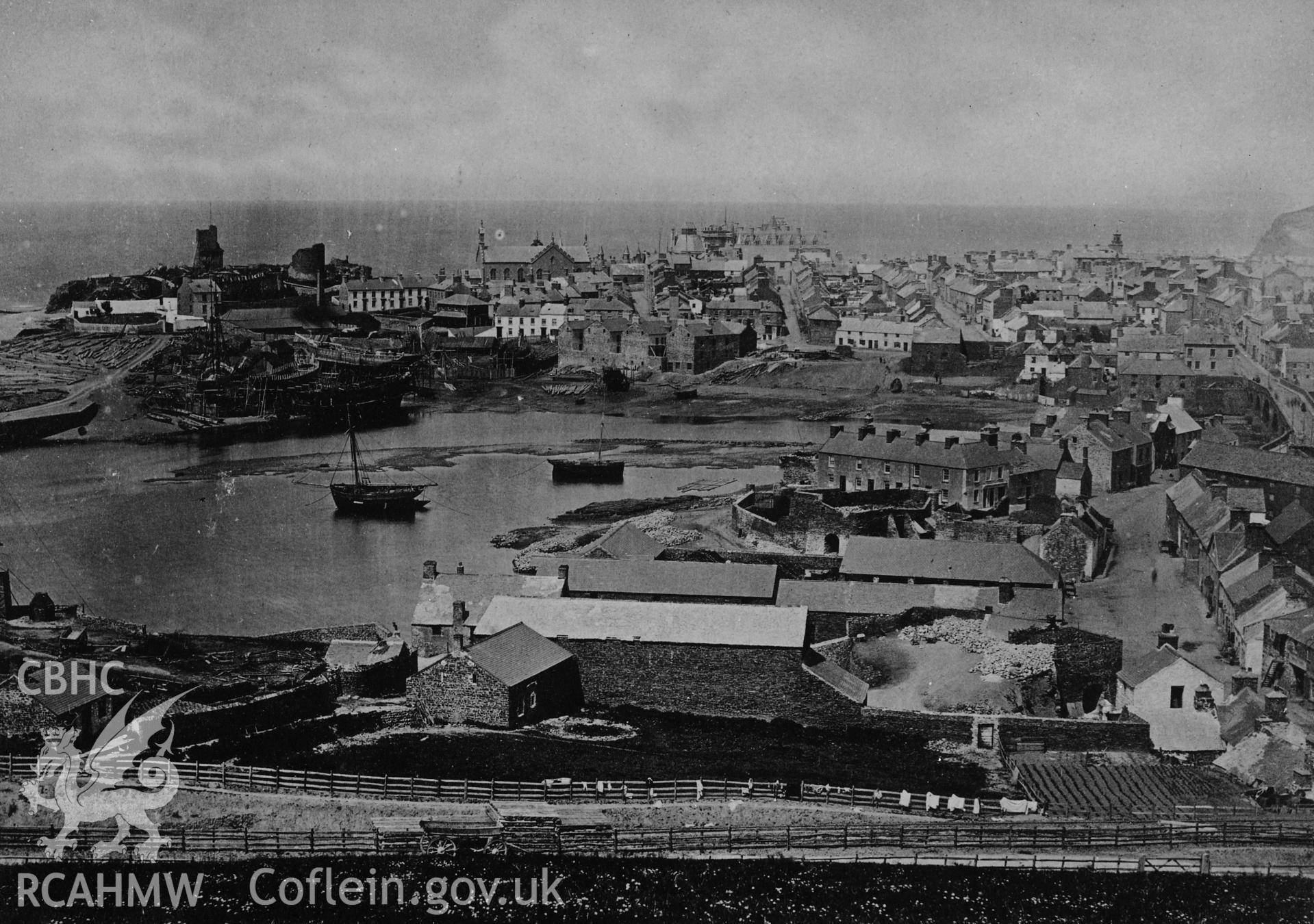 A black and white print showing Aberystwyth Harbour.