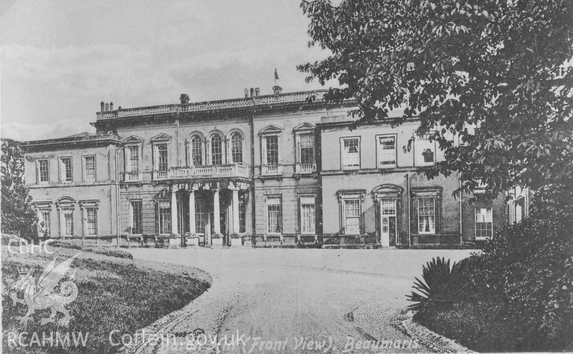 Black and white print showing exterior of Baron Hill, Beaumaris, copied from a postcard loaned by Thomas Lloyd.