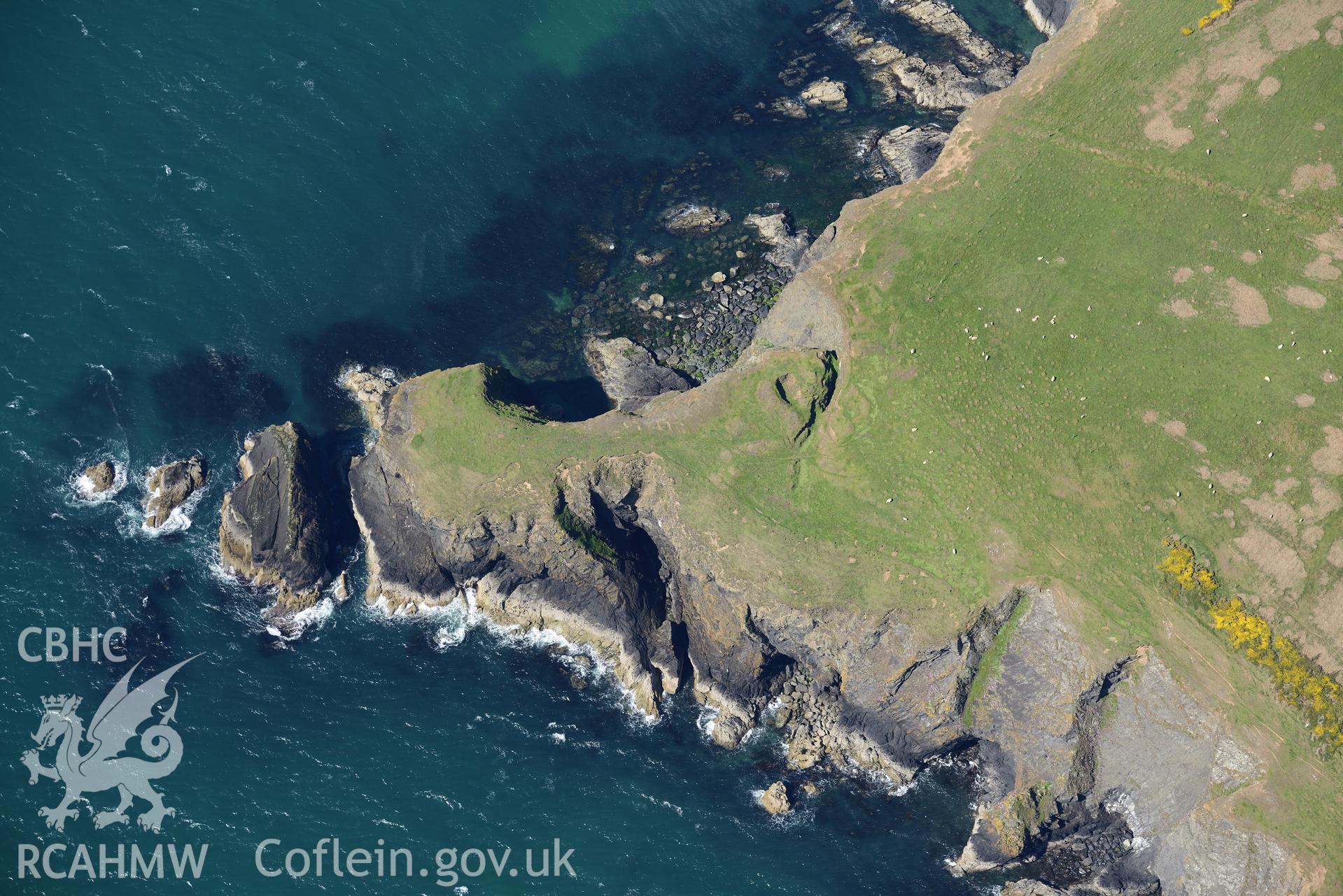 Aerial photography of Trwyn Gwningaer taken on 3rd May 2017.  Baseline aerial reconnaissance survey for the CHERISH Project. ? Crown: CHERISH PROJECT 2017. Produced with EU funds through the Ireland Wales Co-operation Programme 2014-2020. All material made freely available through the Open Government Licence.