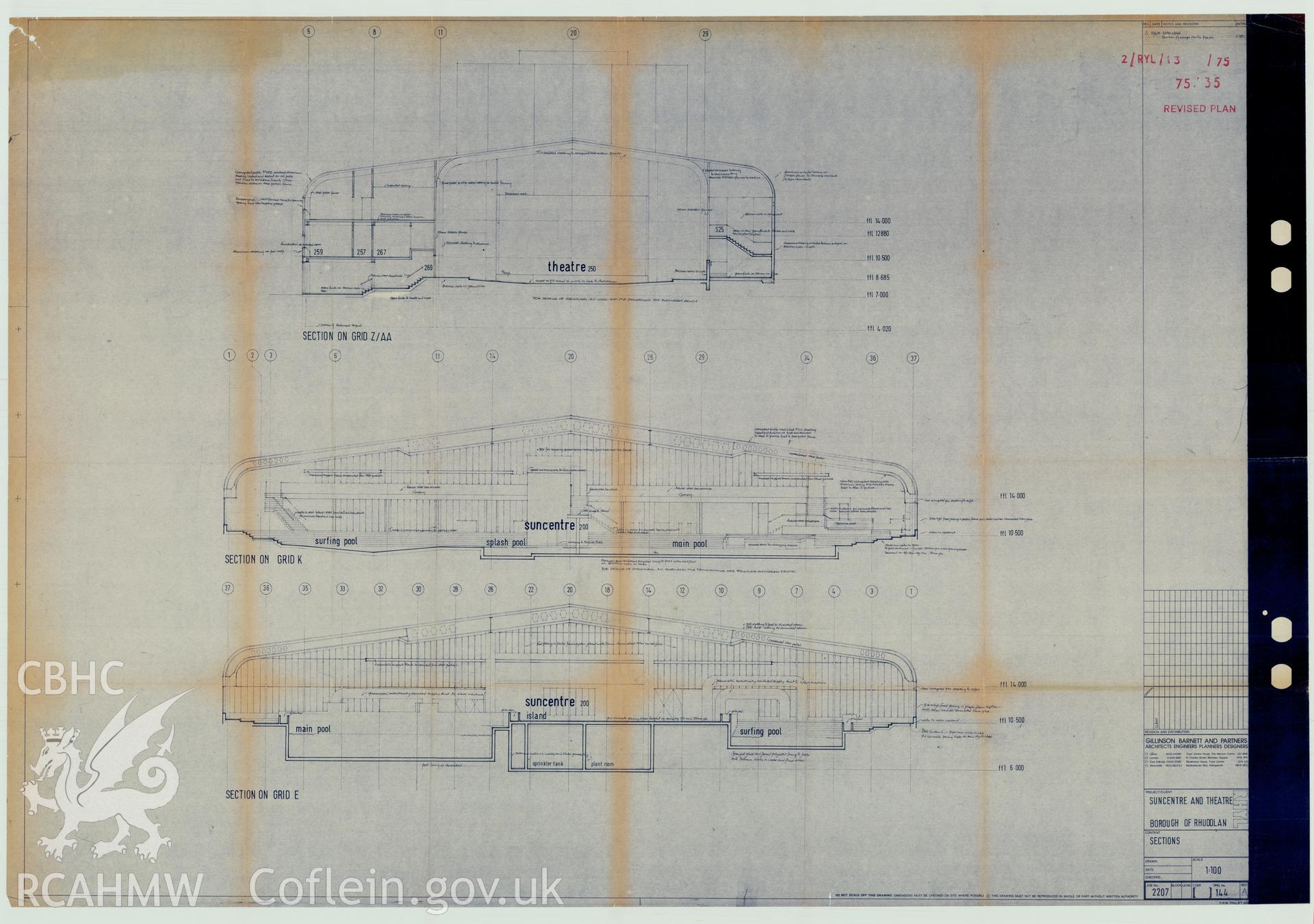 Digital copy of a measured drawing showing sections of the Sun Centre, Rhyl, produced by Gillinson Barnett and Partners. Loaned for copying by Denbighshire County Council.