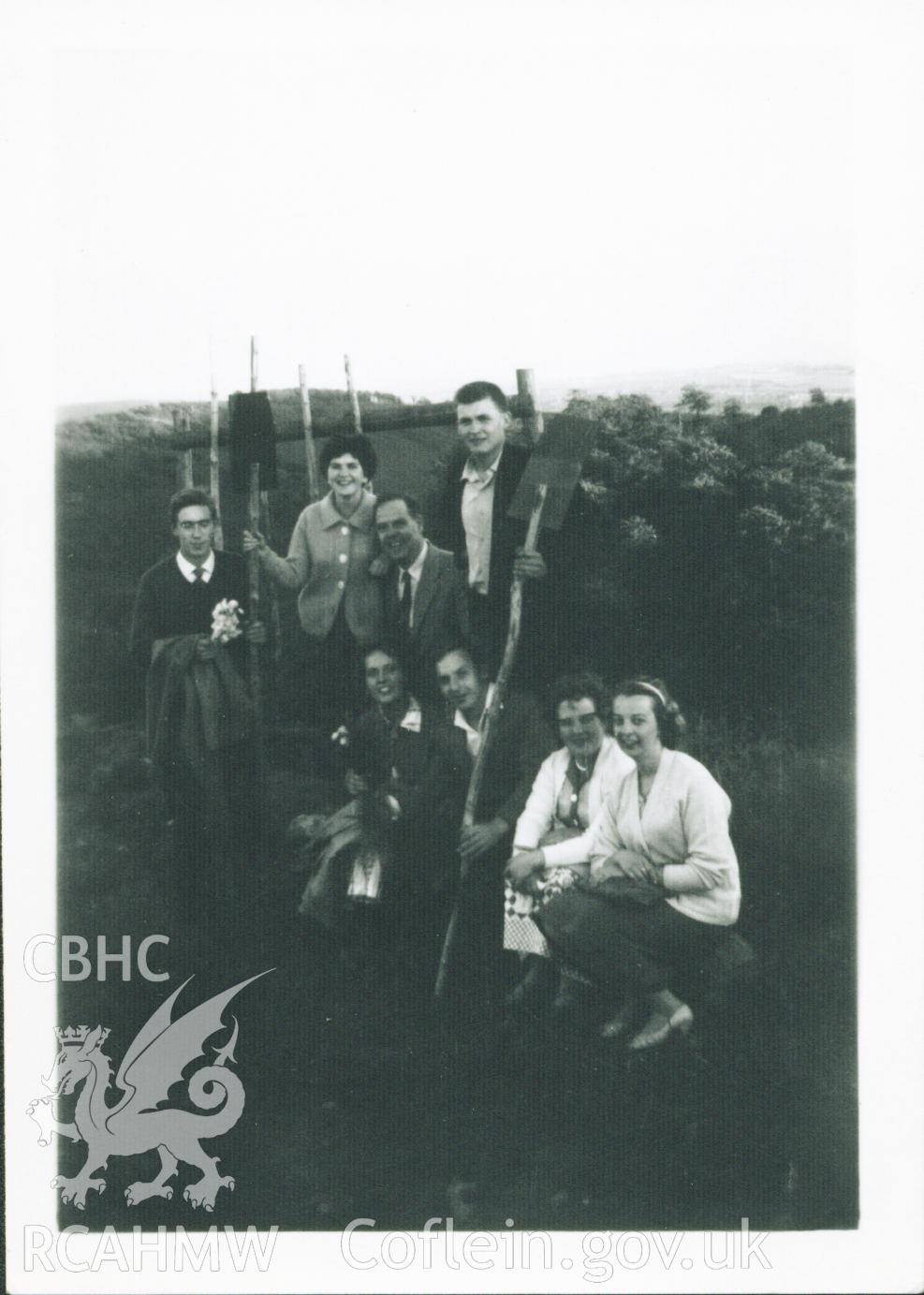Black and white photograph of young people's walk on Margam Mountain to Bodvoc Stone, circa. 1955. Donated to the RCAHMW by Cyril Philips as part of the Digital Dissent Project.