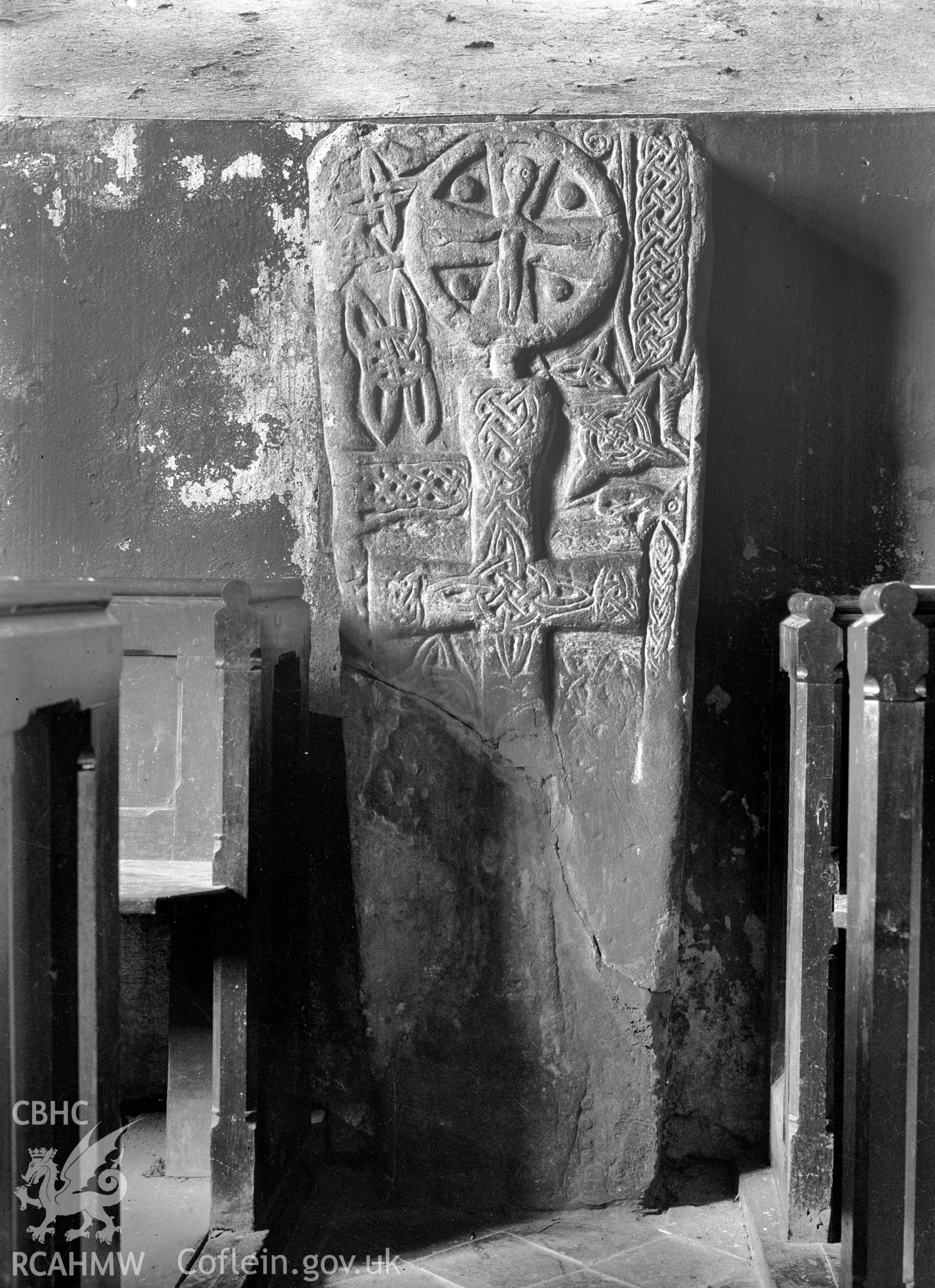 Digital copy of a black and white negative showing Inscribed Stone, Meifod Church.