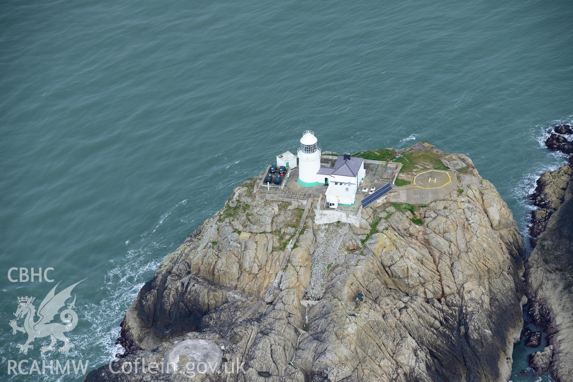 South Bishop Lighthouse at extreme low tide. Baseline aerial reconnaissance survey for the CHERISH Project. ? Crown: CHERISH PROJECT 2017. Produced with EU funds through the Ireland Wales Co-operation Programme 2014-2020. All material made freely available through the Open Government Licence.