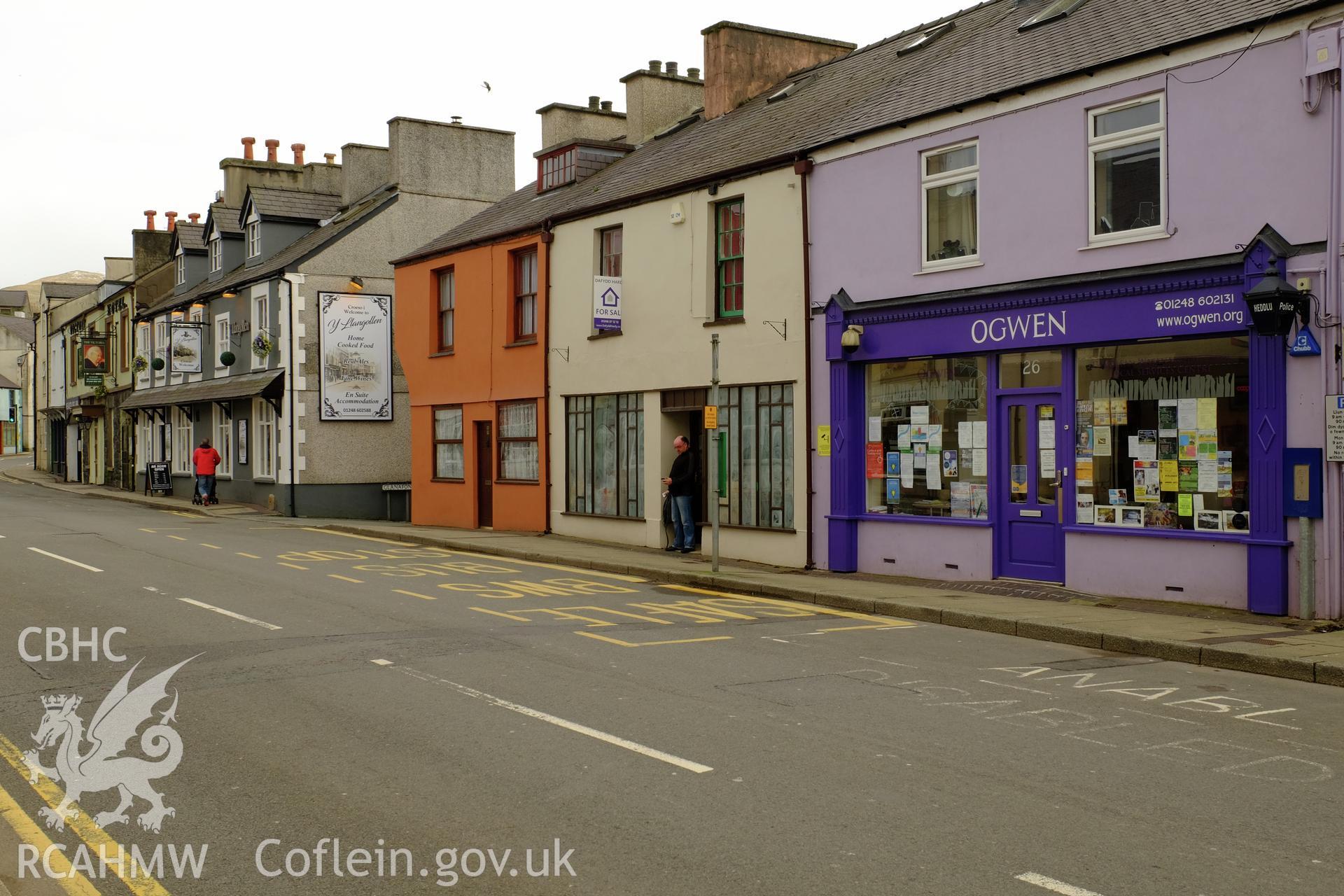 Colour photograph showing view looking south east at the south side of the High Street, Bethesda, produced by Richard Hayman 7th March 2017
