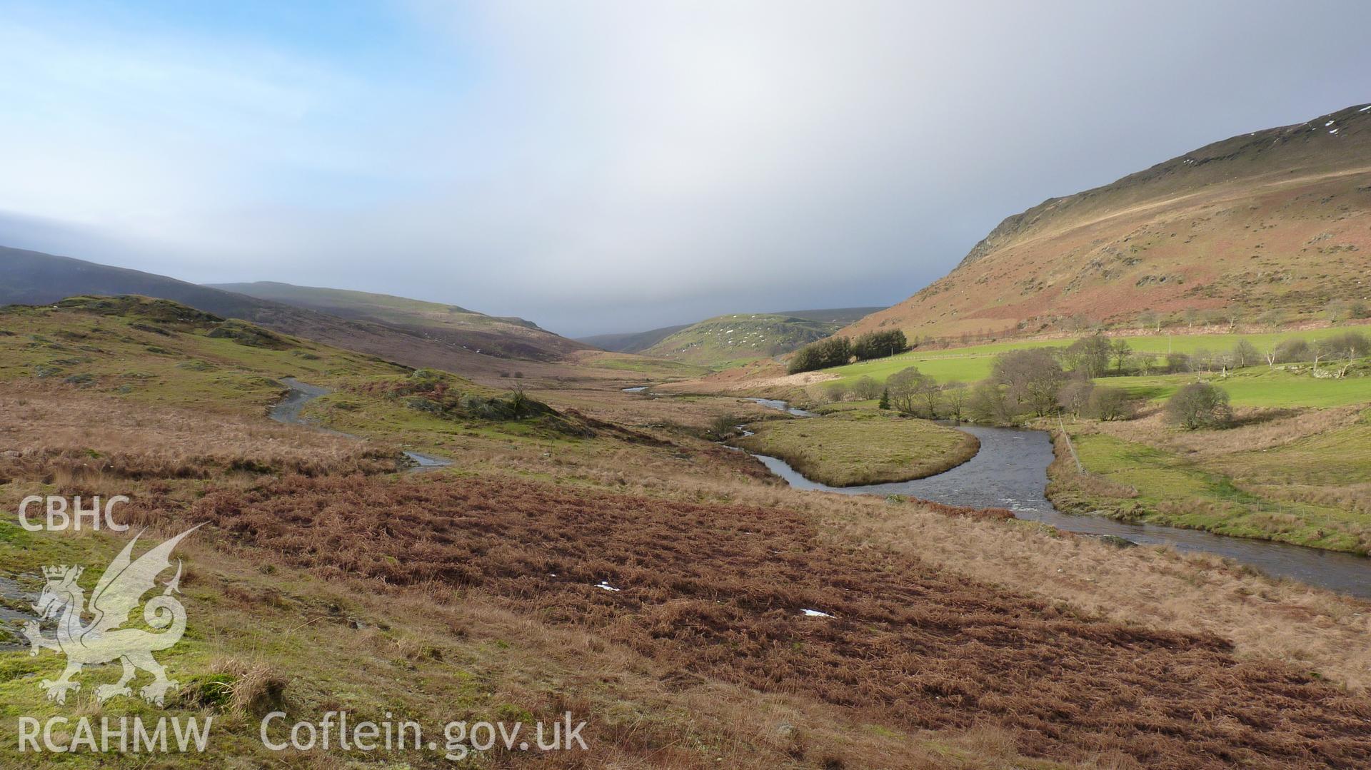 View up the valley from the head of the proposed development. Looking north west. Photographed for Archaeological Desk Based Assessment of Afon Claerwen, Elan Valley, Rhayader. Assessment conducted by Archaeology Wales in 2017-18. Project no. 2573.