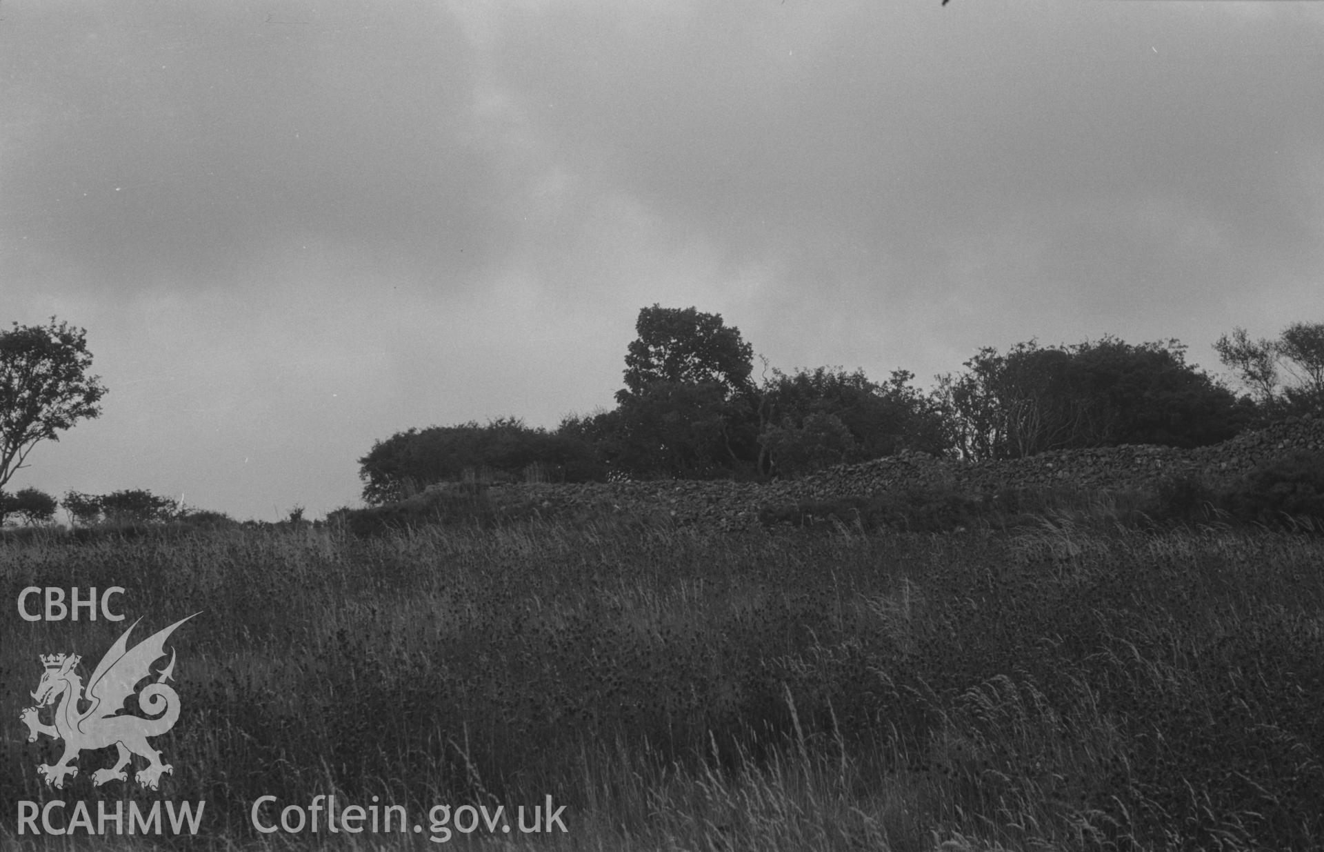 Digital copy of black & white negative showing panorama of Carn Wen's stone rampart, forming a c.? circle and cutting off the point of a promontory overlooking Nant Cloigen. Photograph by Arthur O. Chater, 30 Aug 1967, looking south east from SN 396 471.