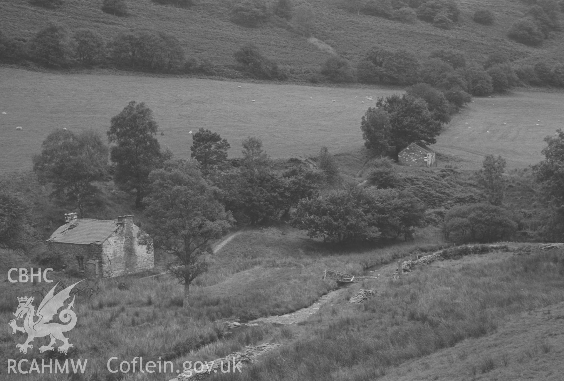 Digital copy of a black and white negative showing Cwm-rhaiadr-fach from across the stream; outhouses on extreme right. Photographed by Arthur O. Chater in September 1966 looking west from Grid Reference SN 754 959.
