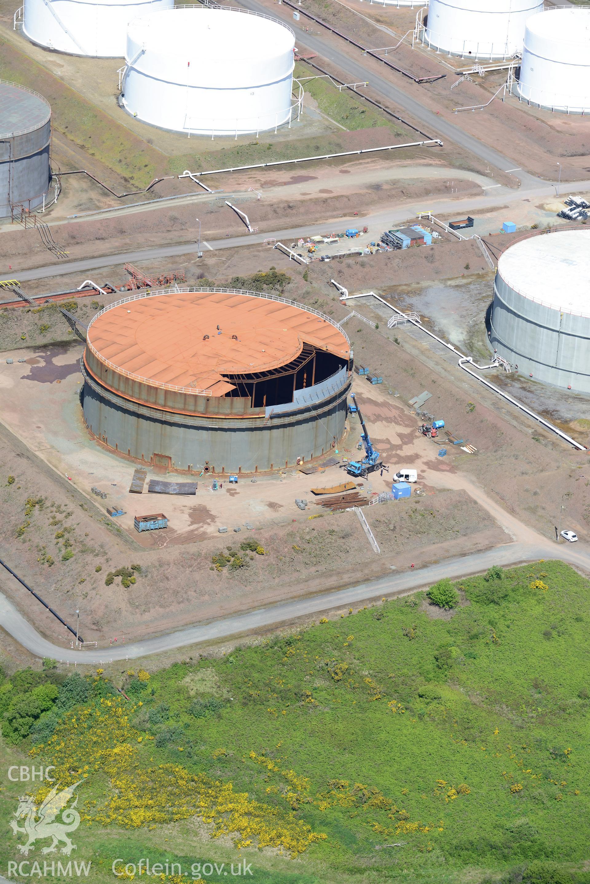 Gulf Oil Refinery, Waterston, Milford Haven. Oblique aerial photograph taken during the Royal Commission's programme of archaeological aerial reconnaissance by Toby Driver on 13th May 2015.