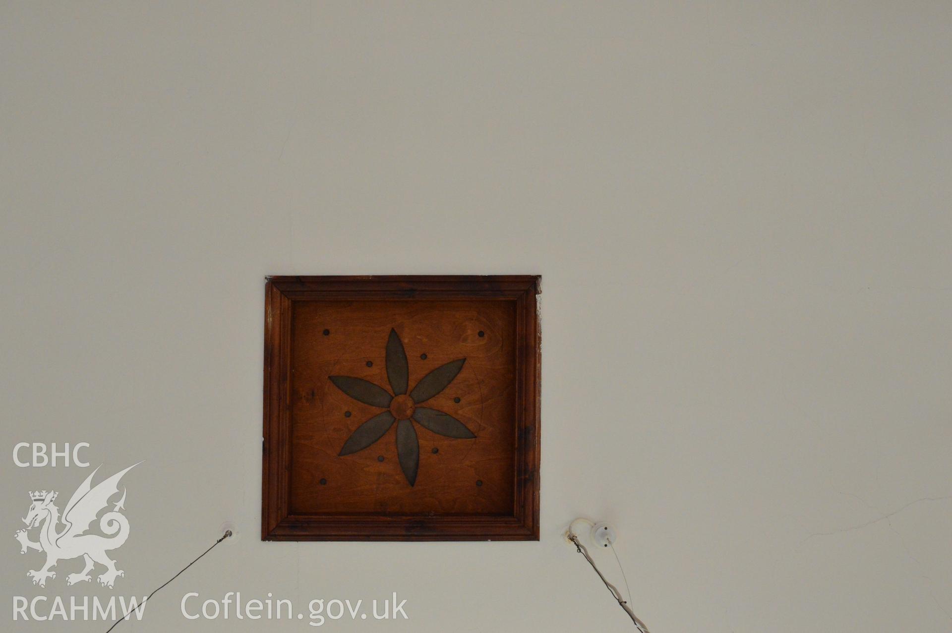 Internal view of ceiling detail. Digital colour photograph taken during CPAT Project 2396 at the United Reformed Church in Northop. Prepared by Clwyd Powys Archaeological Trust, 2018-2019.