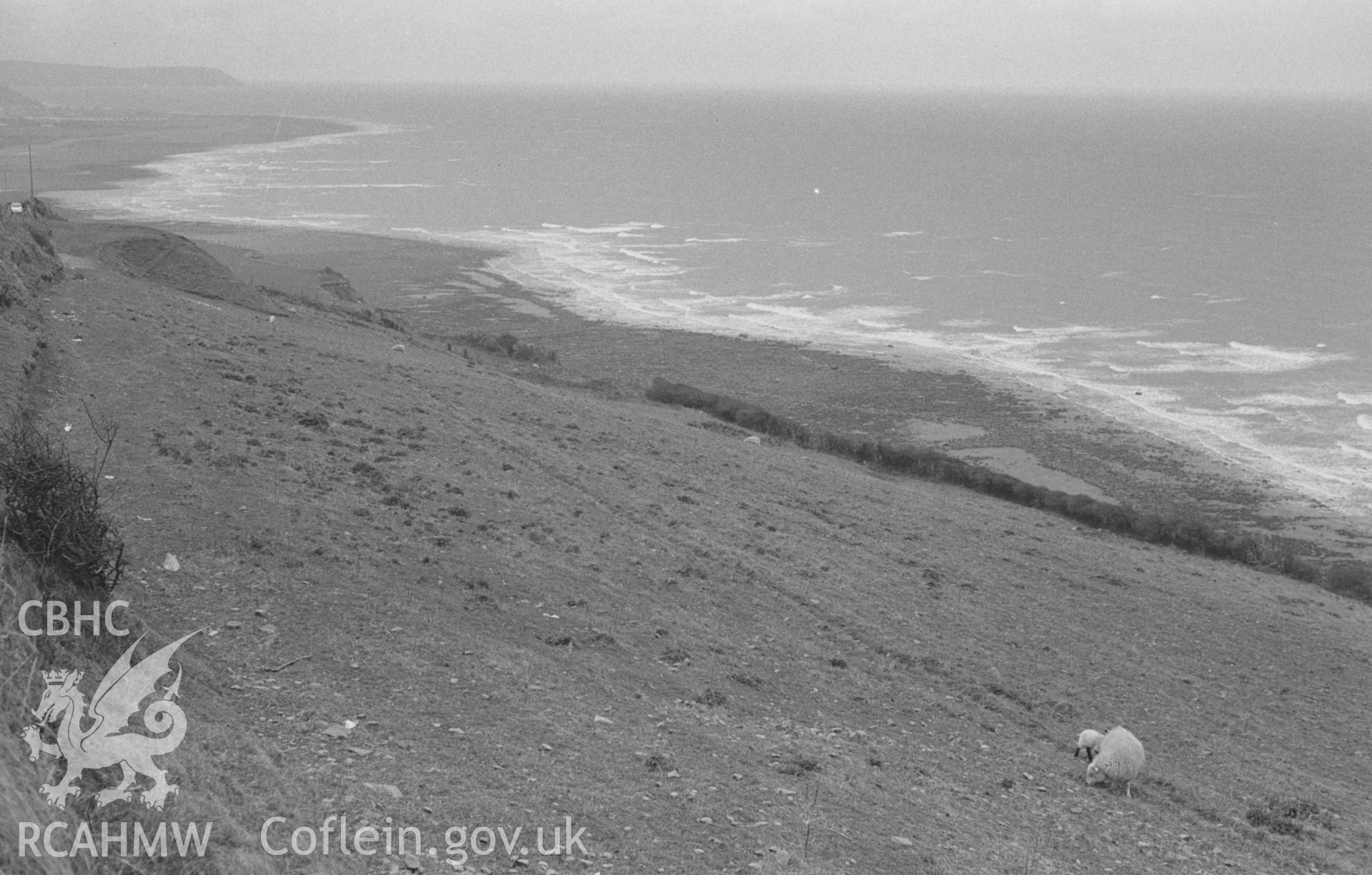 Digital copy of black & white negative showing view looking from A487 main road 0.5km north east of Aberarth, showing Aberarth fish traps on shore at low tide. Photographed by Arthur O. Chater in April 1966 from Grid Reference SN 485 643, looking west.