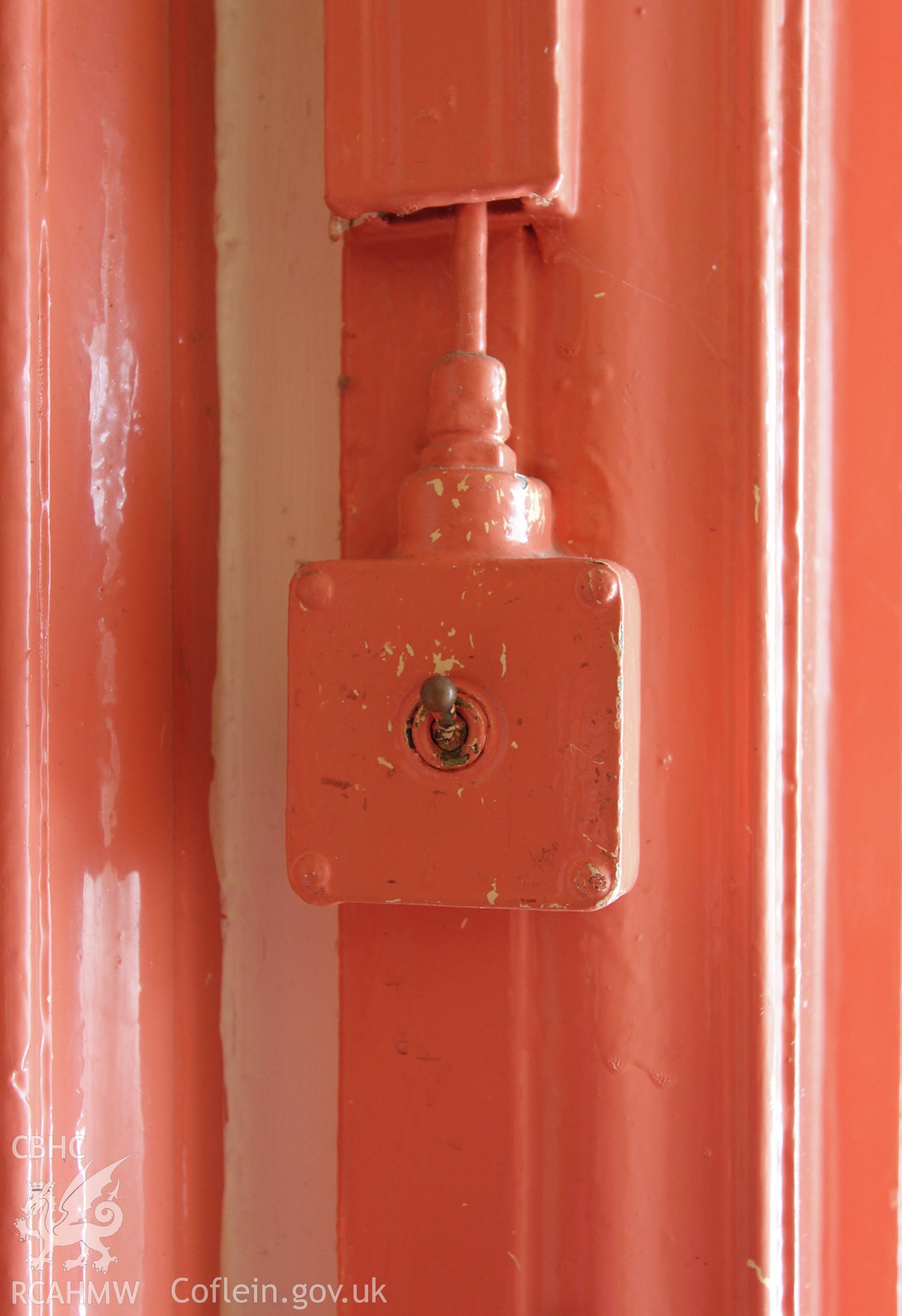 Detailed view of light switch at the Railway Institute, Bangor. Photographed during survey conducted by Sue Fielding for the RCAHMW on 4th April 2016.