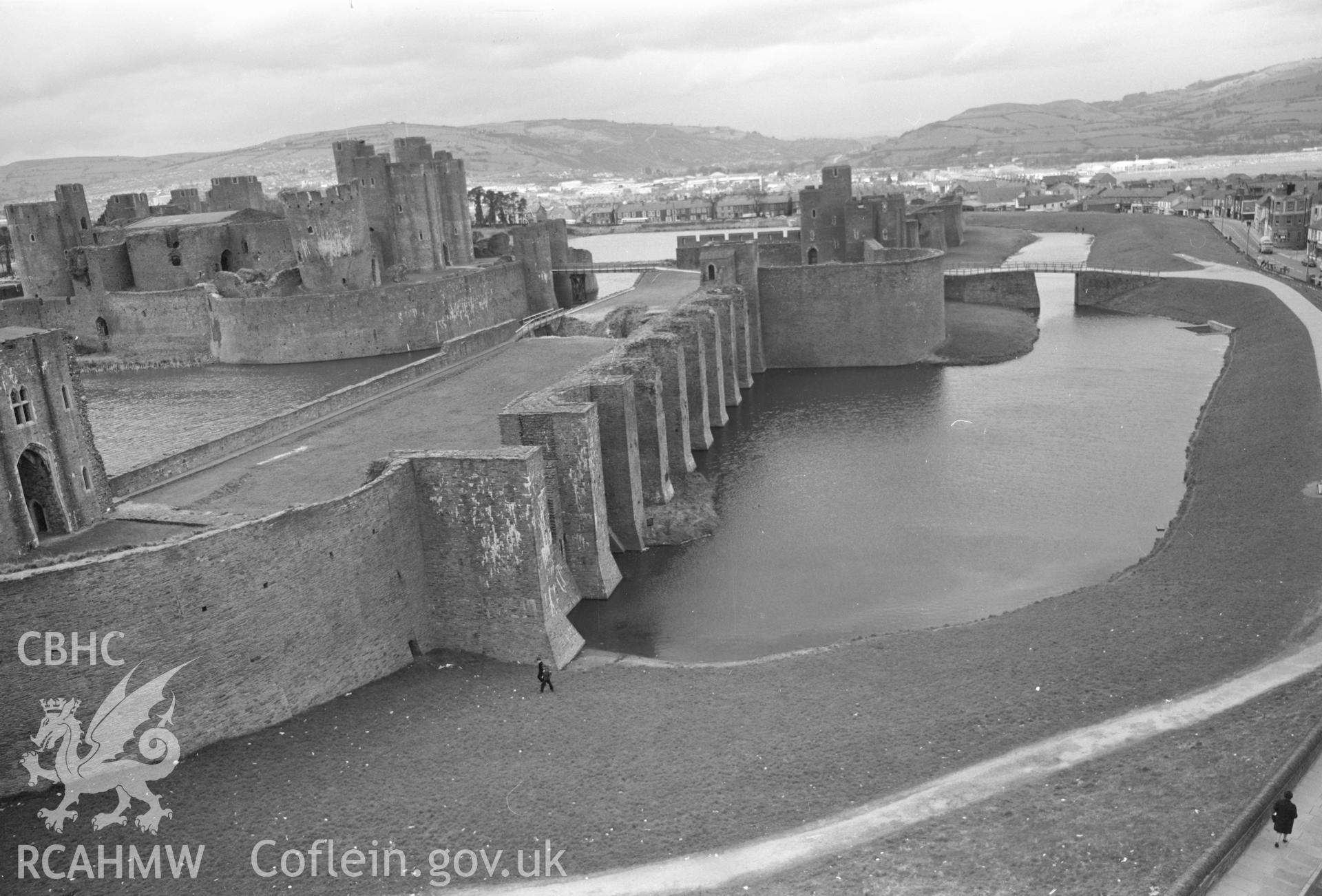 Digital copy of a black and white negative showing Caerphilly Castle, July 1970.