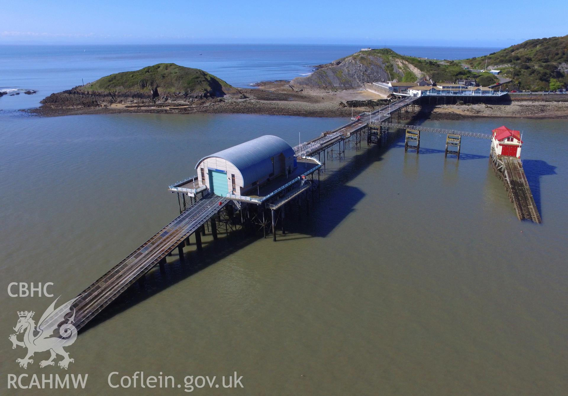 Colour photo showing aerial view of the pier at Mumbles, taken by Paul R. Davis, 13th May 2018.