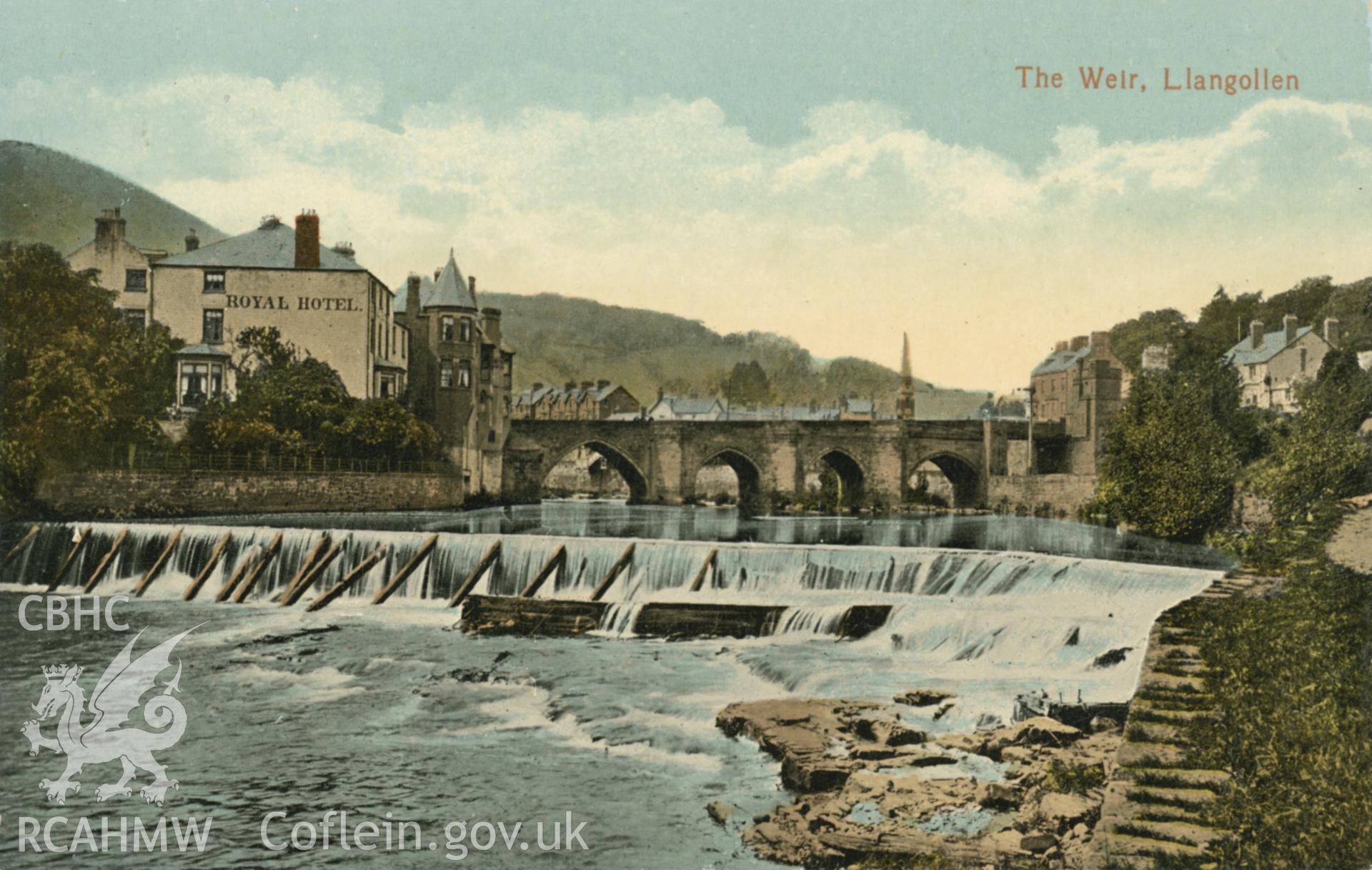 Digital copy of an undated postcard from the Dave Davies Collection showing a view of bridge and weir, Llangollen.
