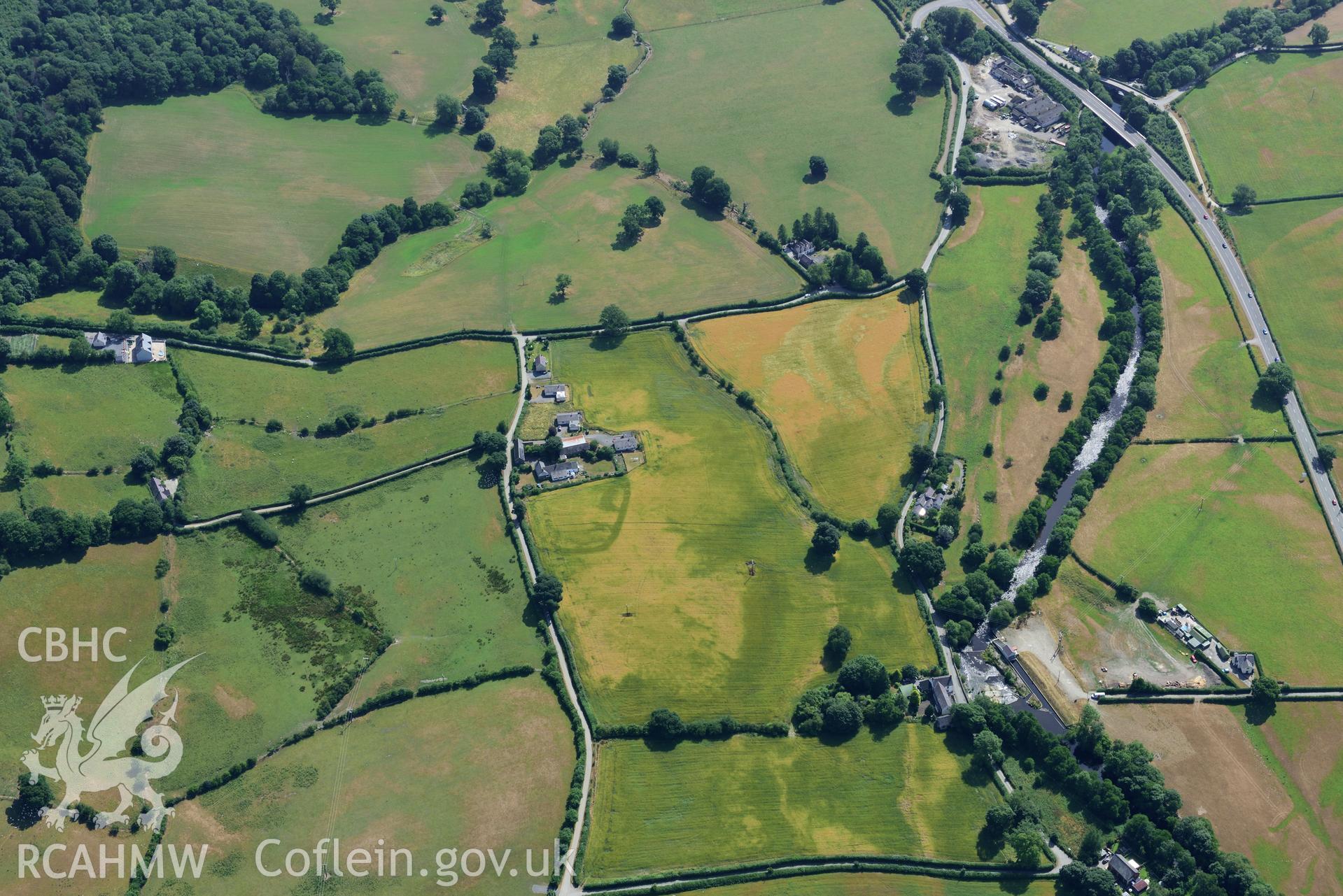 Royal Commission aerial photography of Plas Adda defended enclosure cropmarks taken on 19th July 2018 during the 2018 drought.