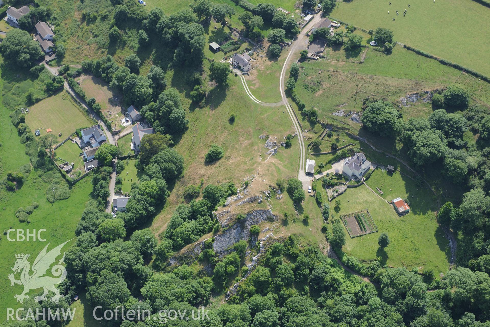 Promontory fort at Landimore. Oblique aerial photograph taken during the Royal Commission?s programme of archaeological aerial reconnaissance by Toby Driver on 16th July 2013.