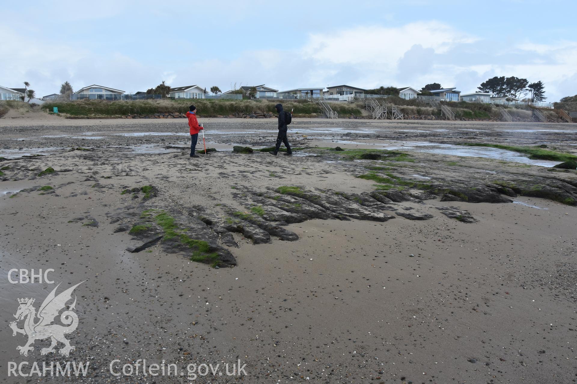 General view of peat exposures on The Warren beach, Abersoch, April 2018, including prehistoric animal footprints and later peat cuttings.Recorded with GNSS and photogrammetry for the CHERISH Project. ? Crown: CHERISH PROJECT 2018. Produced with EU funds through the Ireland Wales Co-operation Programme 2014-2020. All material made freely available through the Open Government Licence.