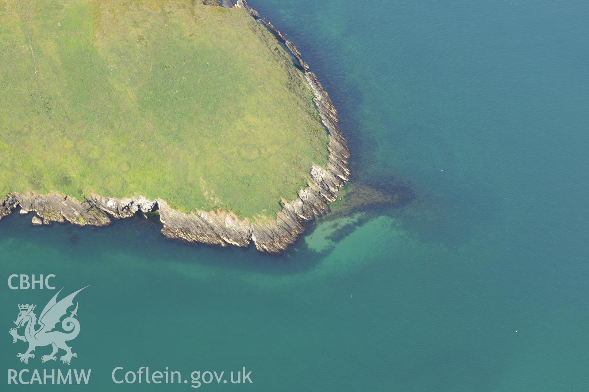 Fish trap at St Tudwal's Island (east). Oblique aerial photograph taken during the Royal Commission's programme of archaeological aerial reconnaissance by Toby Driver on 23rd June 2015.