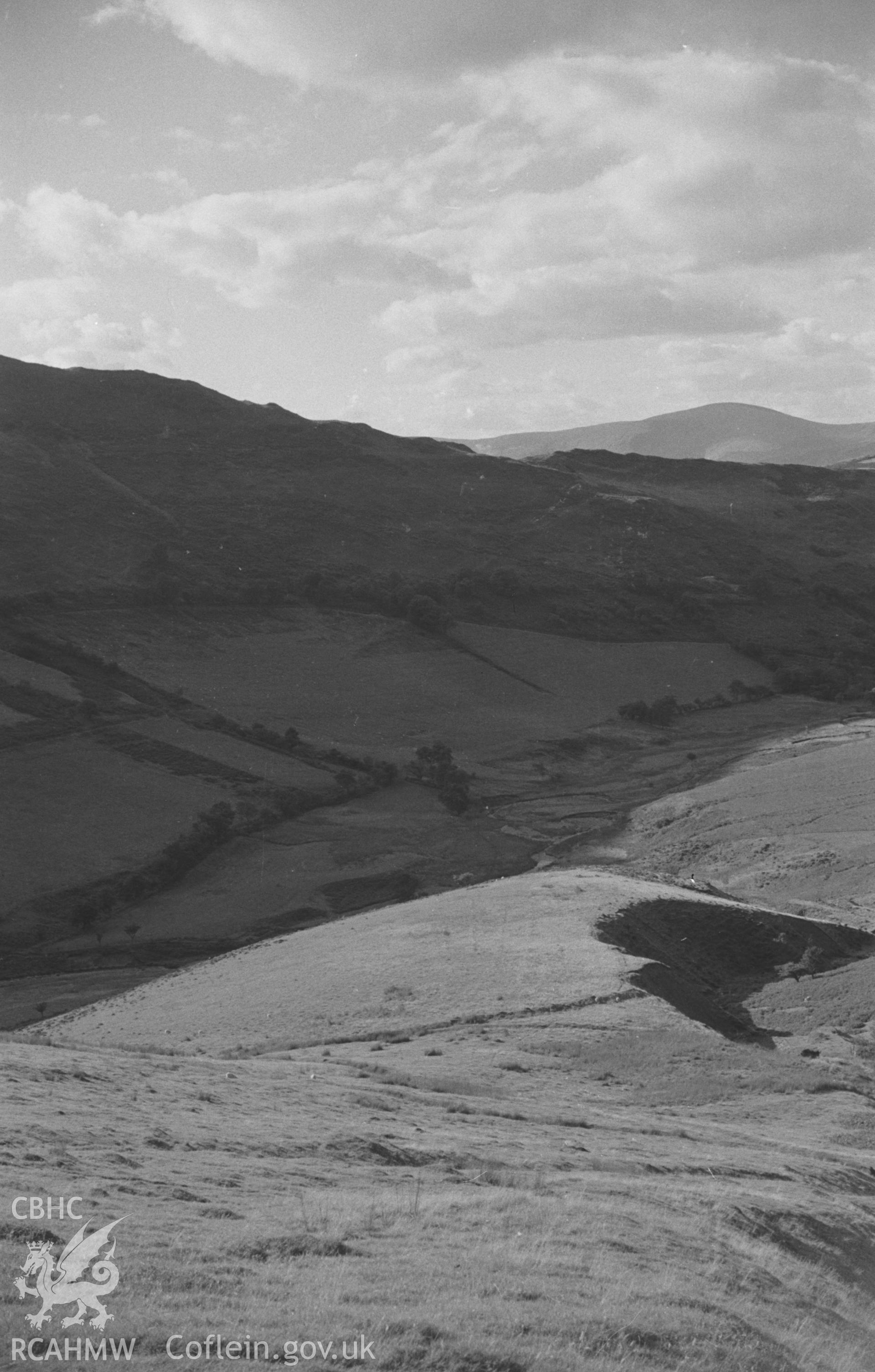 Digital copy of a black and white negative showing view down Cwm Rheidol from the old track on Llechwydd Melyn. Photographed by Arthur O. Chater in September 1965 looking north west from Grid Reference SN 7584 9448. (Panorama, 4 of 4 photographs).