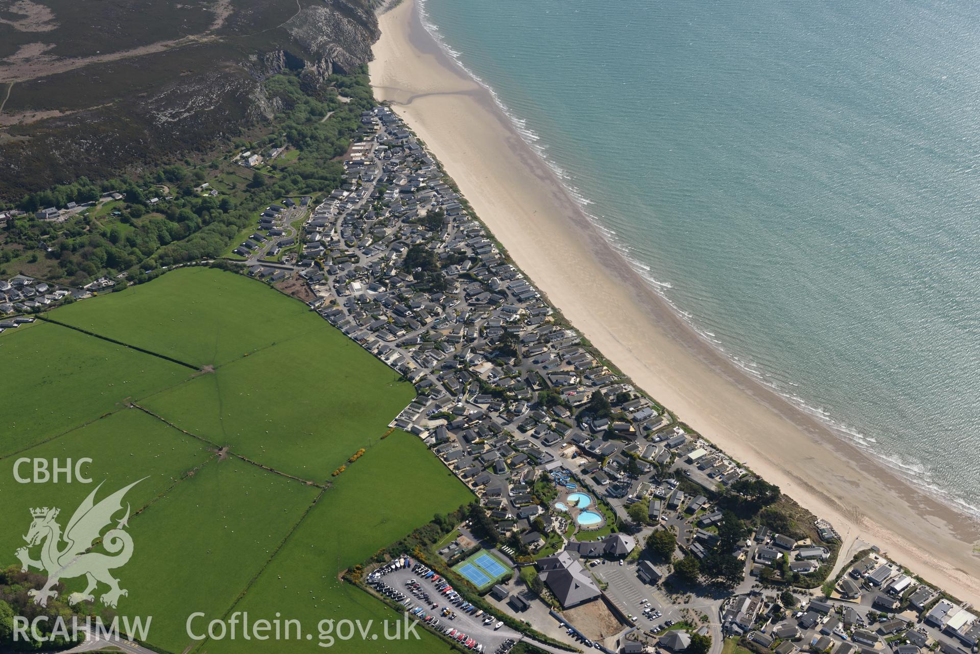Aerial photography of The FOSIL and The Warren beach, at high tide, taken on 3rd May 2017.  Baseline aerial reconnaissance survey for the CHERISH Project. ? Crown: CHERISH PROJECT 2017. Produced with EU funds through the Ireland Wales Co-operation Programme 2014-2020. All material made freely available through the Open Government Licence.