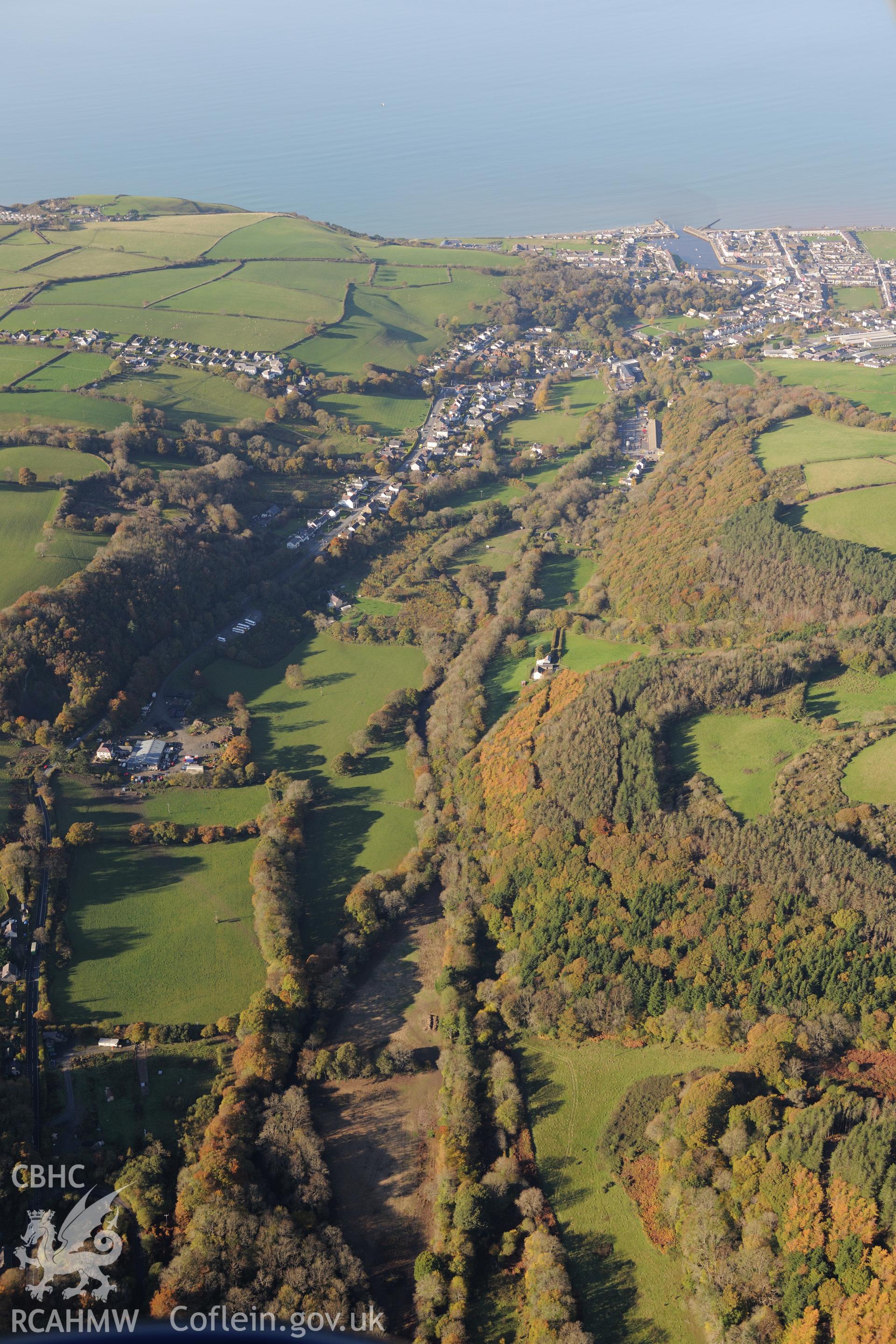 A view of Aberaeron taken from the south east and looking towards Cardigan Bay.  Oblique aerial photograph taken during the Royal Commission's programme of archaeological aerial reconnaissance by Toby Driver on 2nd November 2015.