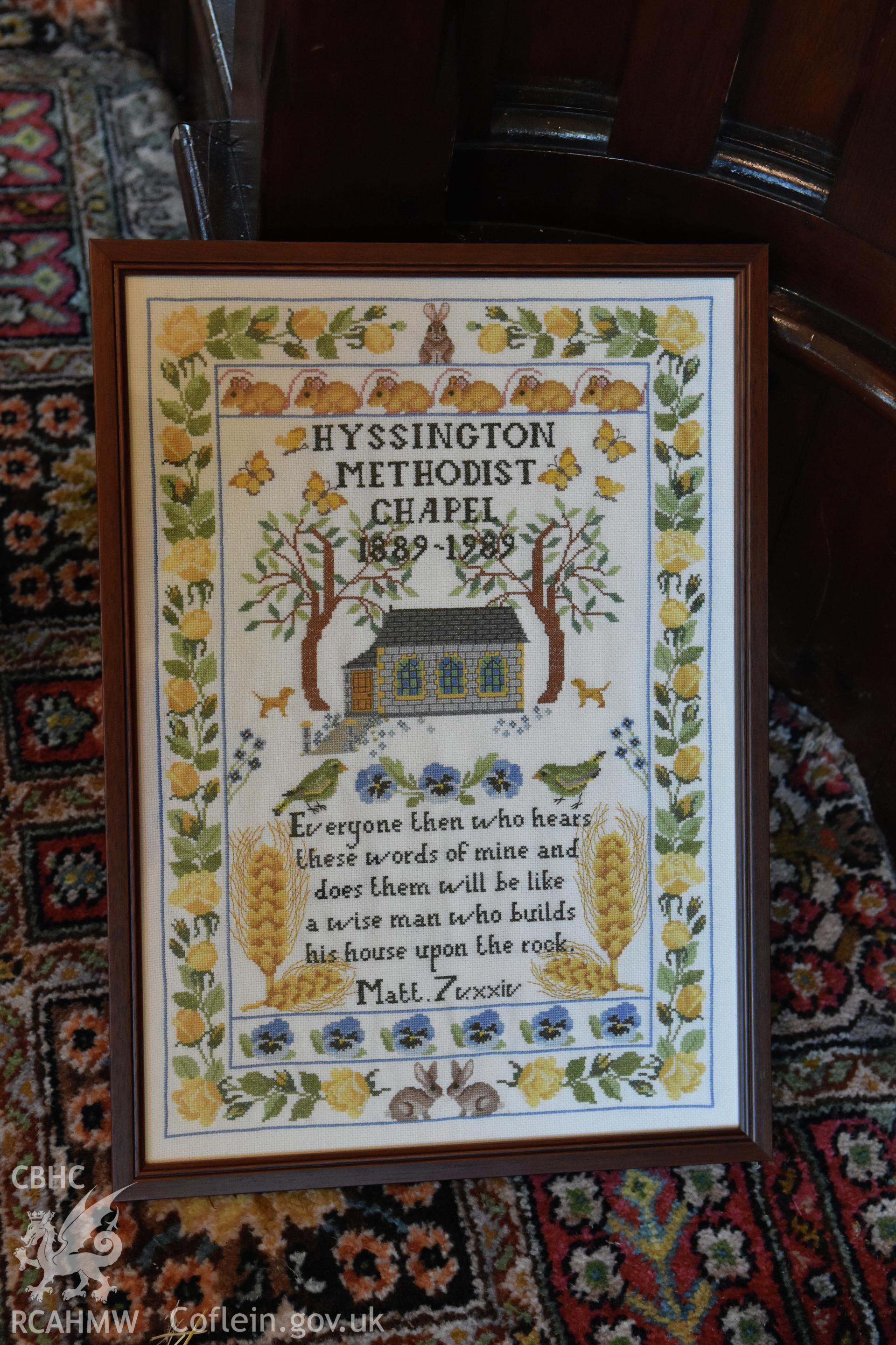 Photograph of framed, crossed-stitched embroidery illustrating Matthew. 7 vxxix from the Bible at Hyssington Primitive Methodist Chapel, Hyssington, Churchstoke. Photographic survey conducted by Sue Fielding on 7th December 2018.