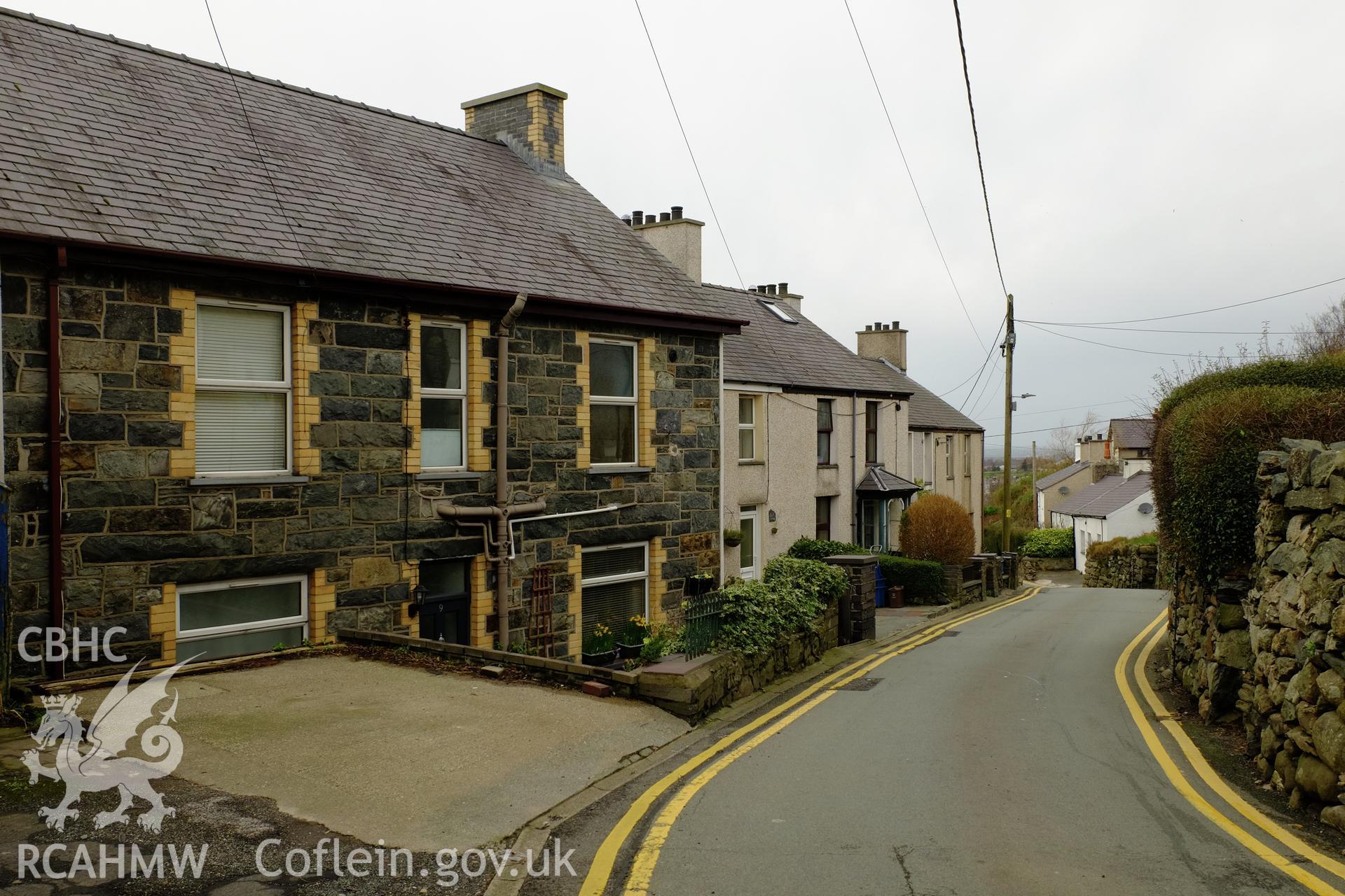 Colour photograph showing view looking north west at 1-8 Gerlan Road, Gerlan, Bethesda, produced by Richard Hayman 16th March 2017