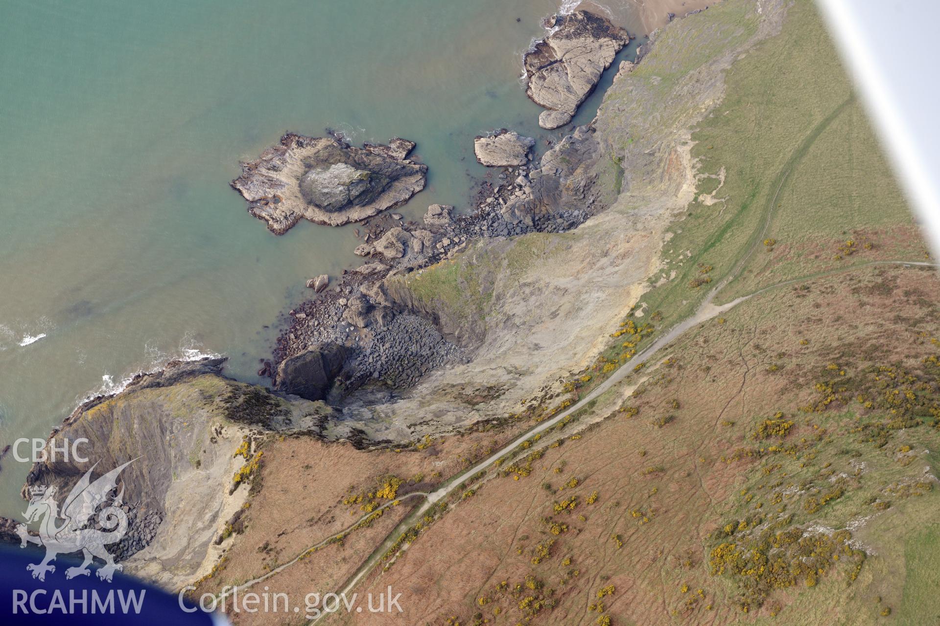 Aerial photography of Pen Dinas Lochtyn taken on 27th March 2017. Baseline aerial reconnaissance survey for the CHERISH Project. ? Crown: CHERISH PROJECT 2019. Produced with EU funds through the Ireland Wales Co-operation Programme 2014-2020. All material made freely available through the Open Government Licence.