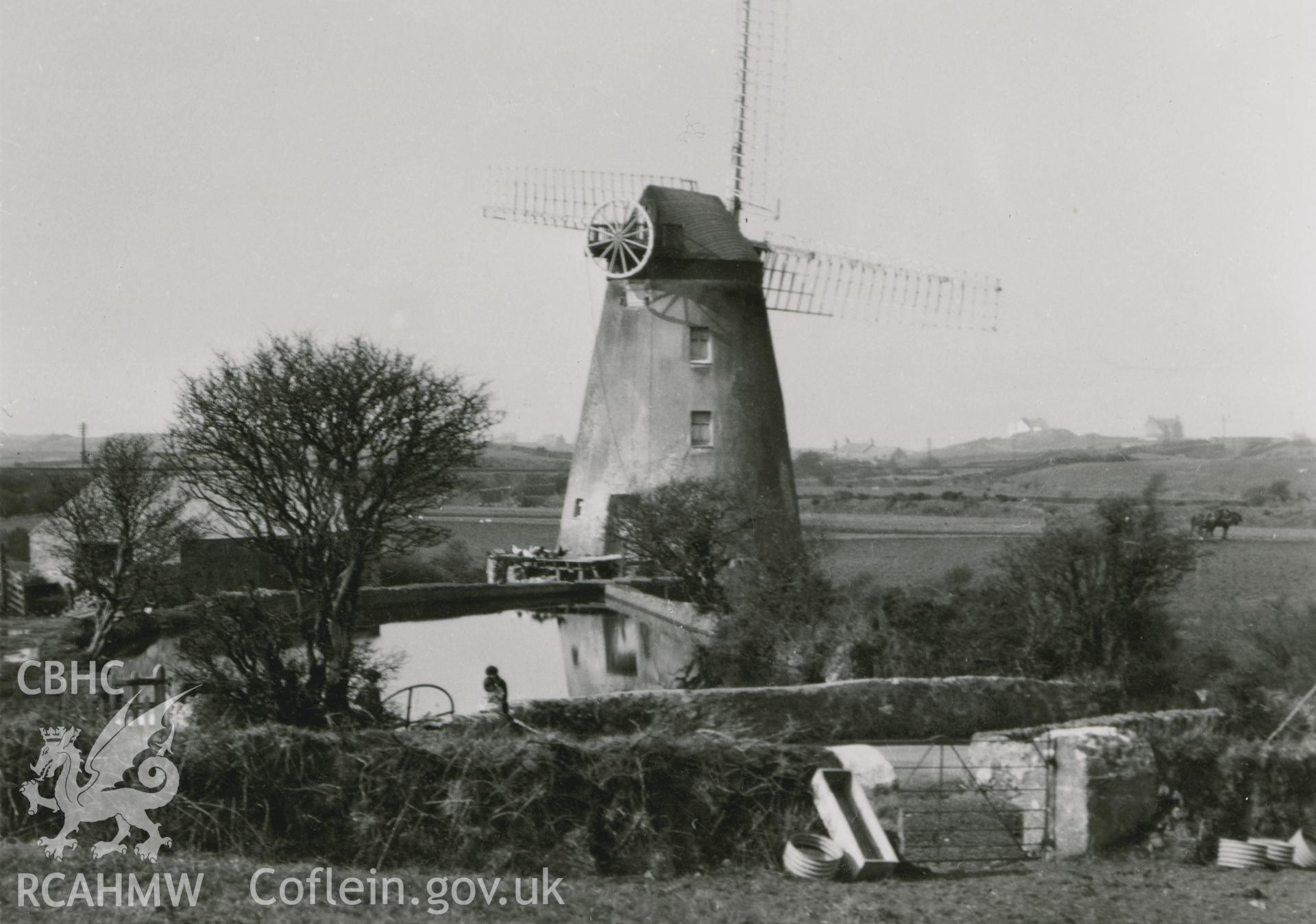 Digital copy of a photo from the Rex Wailes Collection showing view of Melin y Bont Windmill.