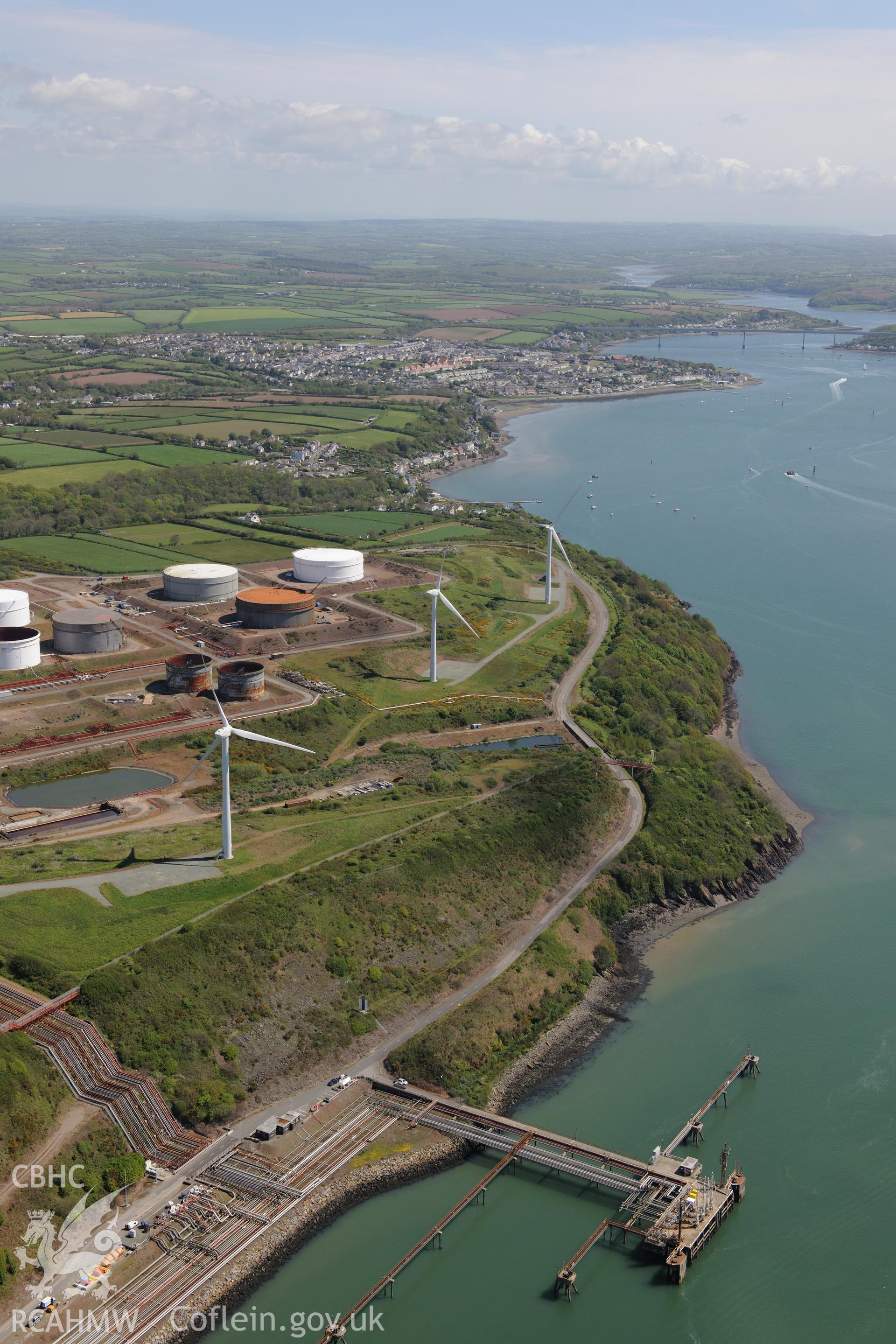 Gulf Oil Refinery, Waterston, Milford Haven. Oblique aerial photograph taken during the Royal Commission's programme of archaeological aerial reconnaissance by Toby Driver on 13th May 2015.