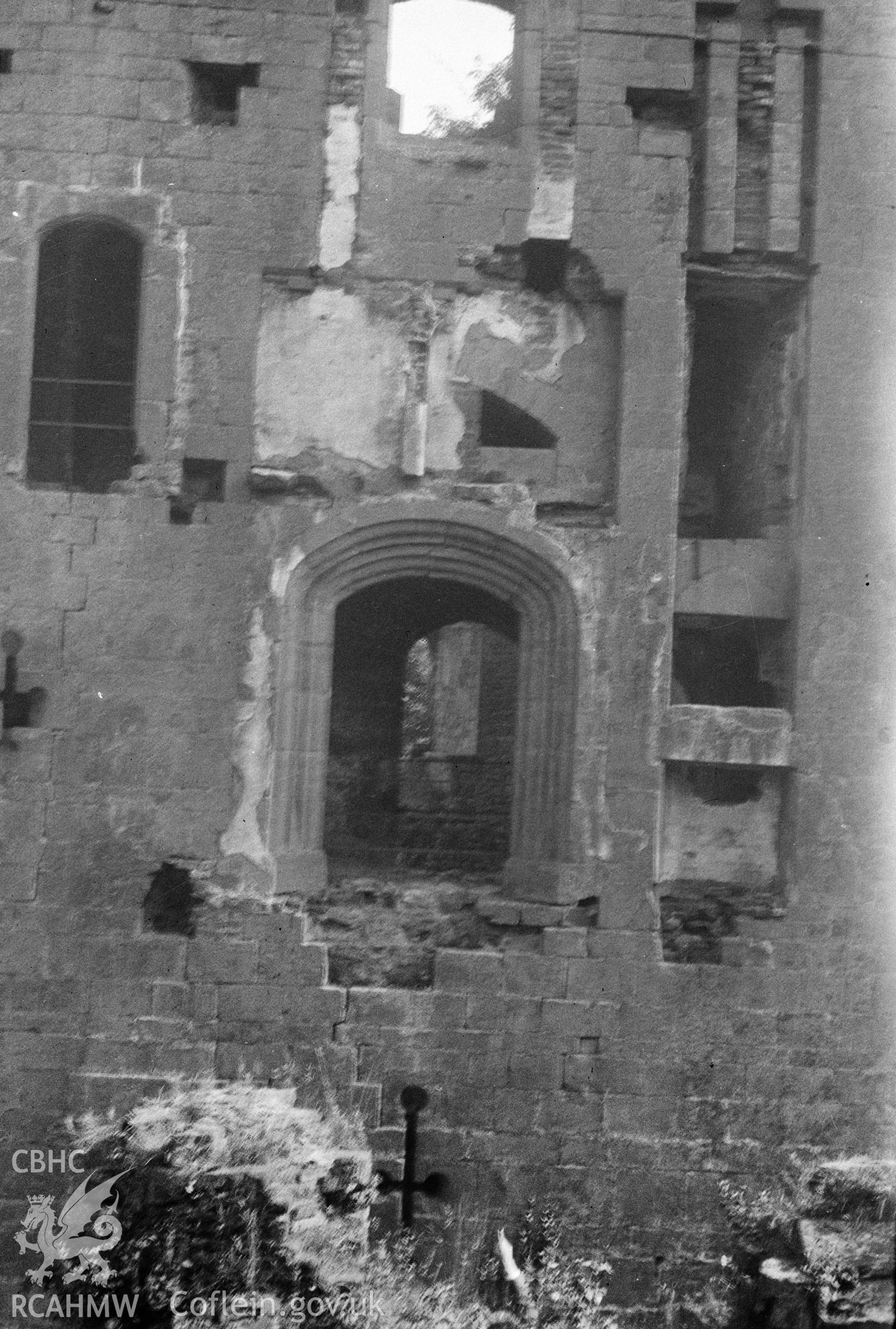 Digital copy of a nitrate negative showing Raglan Castle, taken by Leonard Monroe, 1927.