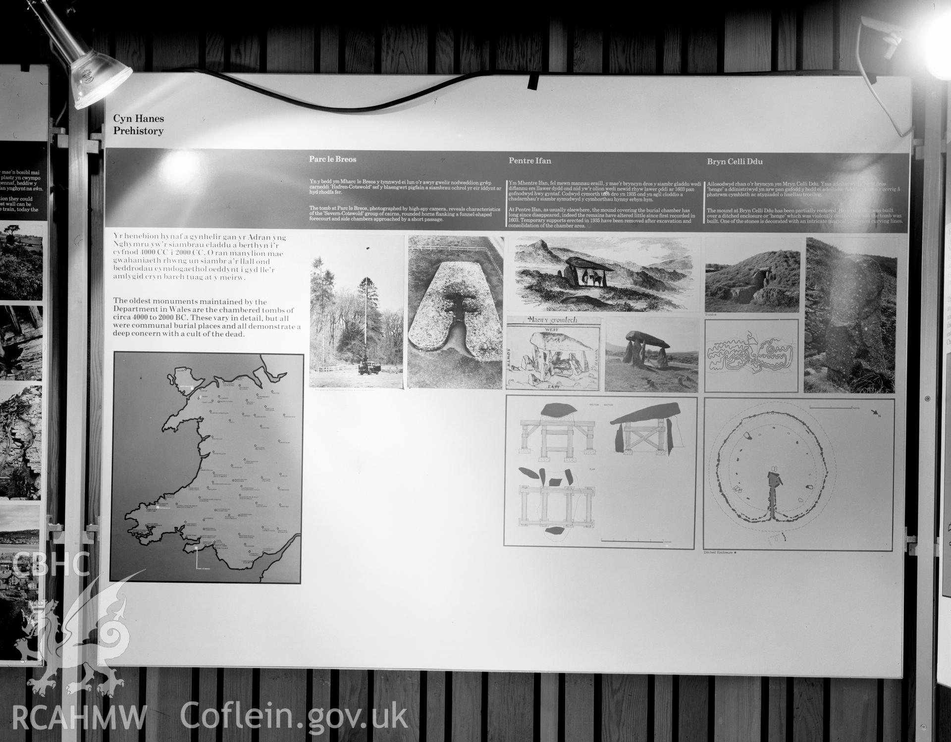 Digital copy of a black and white negative showing Ancient Monuments in Wales Exhibition, Aberystwyth. From Cadw Monuments in Care Collection.