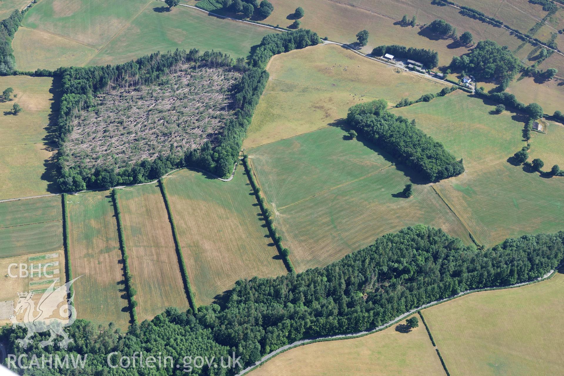 Royal Commission aerial photography of Trellech Grange, showing cropmarks northeast of Grange Spring Lakes at SO 496018, taken on 19th July 2018 during the 2018 drought.