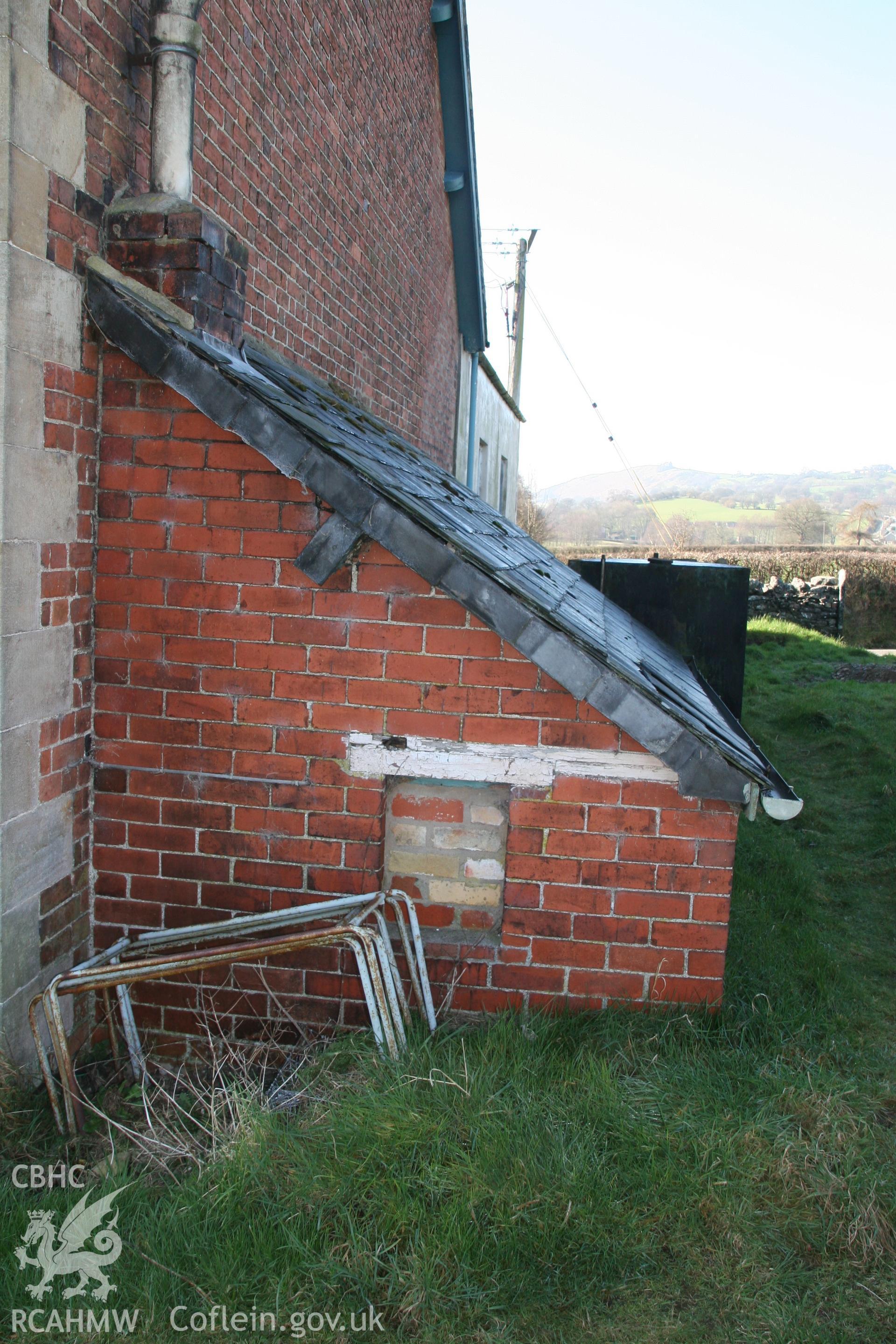 Photograph showing exterior side elevation of the boiler room at Llawrybettws Welsh Calvinistic Methodist chapel, Glanyrafon, Corwen. Produced by Tim Allen on 27th February 2019 to meet a condition attached to planning application.