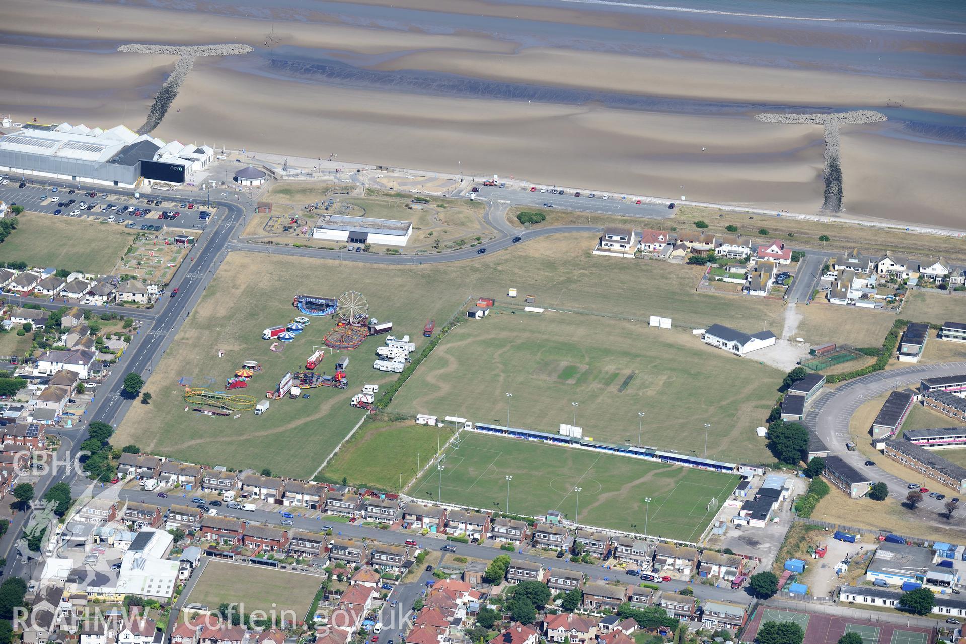 Royal Commission aerial photography of Bastion Road football ground, with funfair and parchmarks, taken on 19th July 2018 during the 2018 drought.