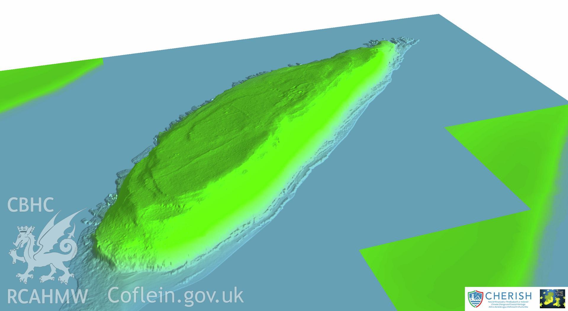 Ynys Seiriol (Puffin Island). Airborne laser scanning (LiDAR) commissioned by the CHERISH Project 2017-2021, flown by Bluesky International LTD at low tide on 24th February 2017. View of Puffin Island facing north west.