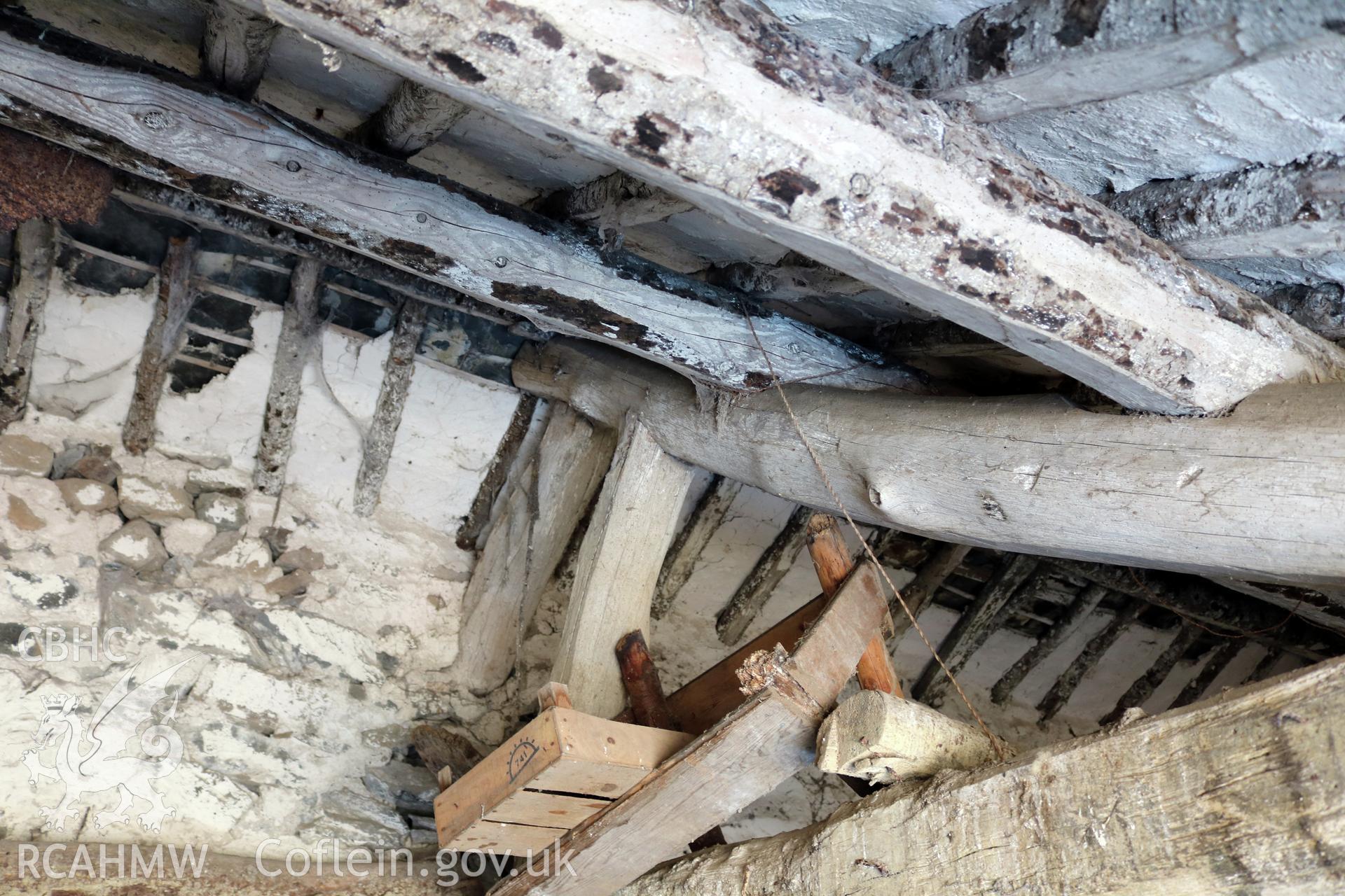 Photograph showing interior view of cartshed and possible hayloft at Maes yr Hendre, taken by Dr Marian Gwyn, 6th July 2016. (Original Reference no. 0126)