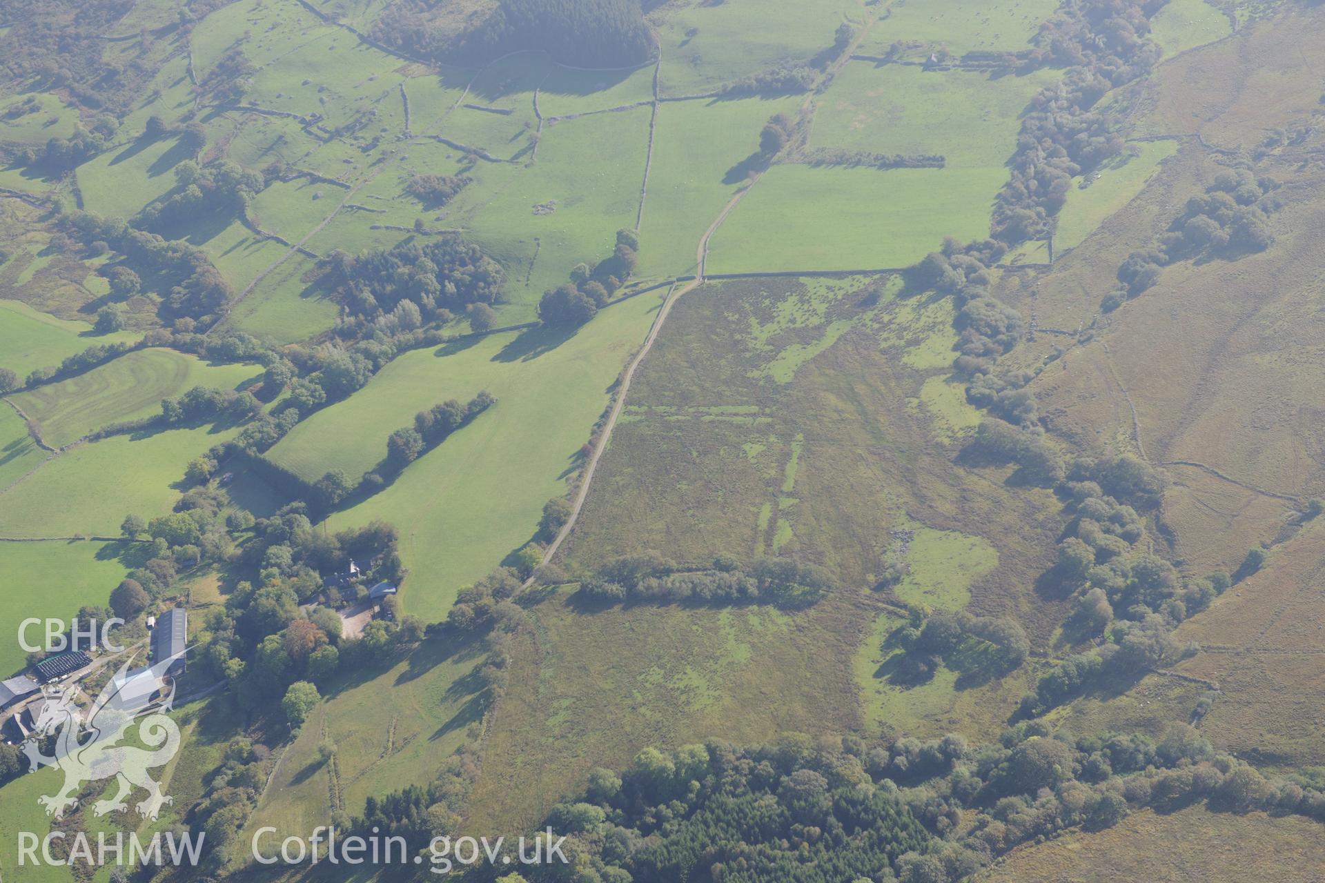 Gwanas Fawr marching camp, near Dolgellau. Oblique aerial photograph taken during the Royal Commission's programme of archaeological aerial reconnaissance by Toby Driver on 2nd October 2015.