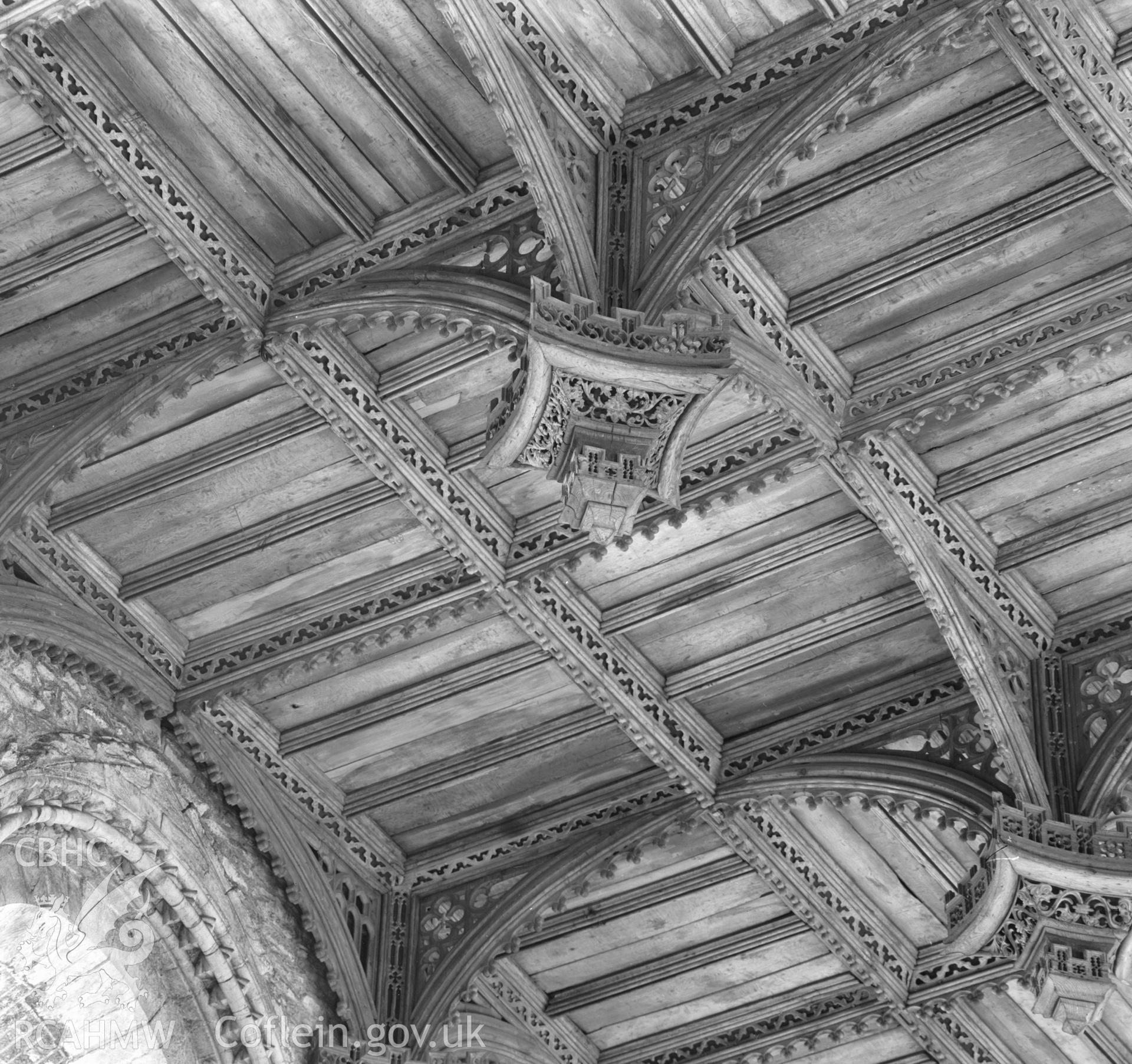 Digital copy of a black and white acetate negative showing detail view of pendant ceiling in St. David's Cathedral, taken by E.W. Lovegrove, July 1936.